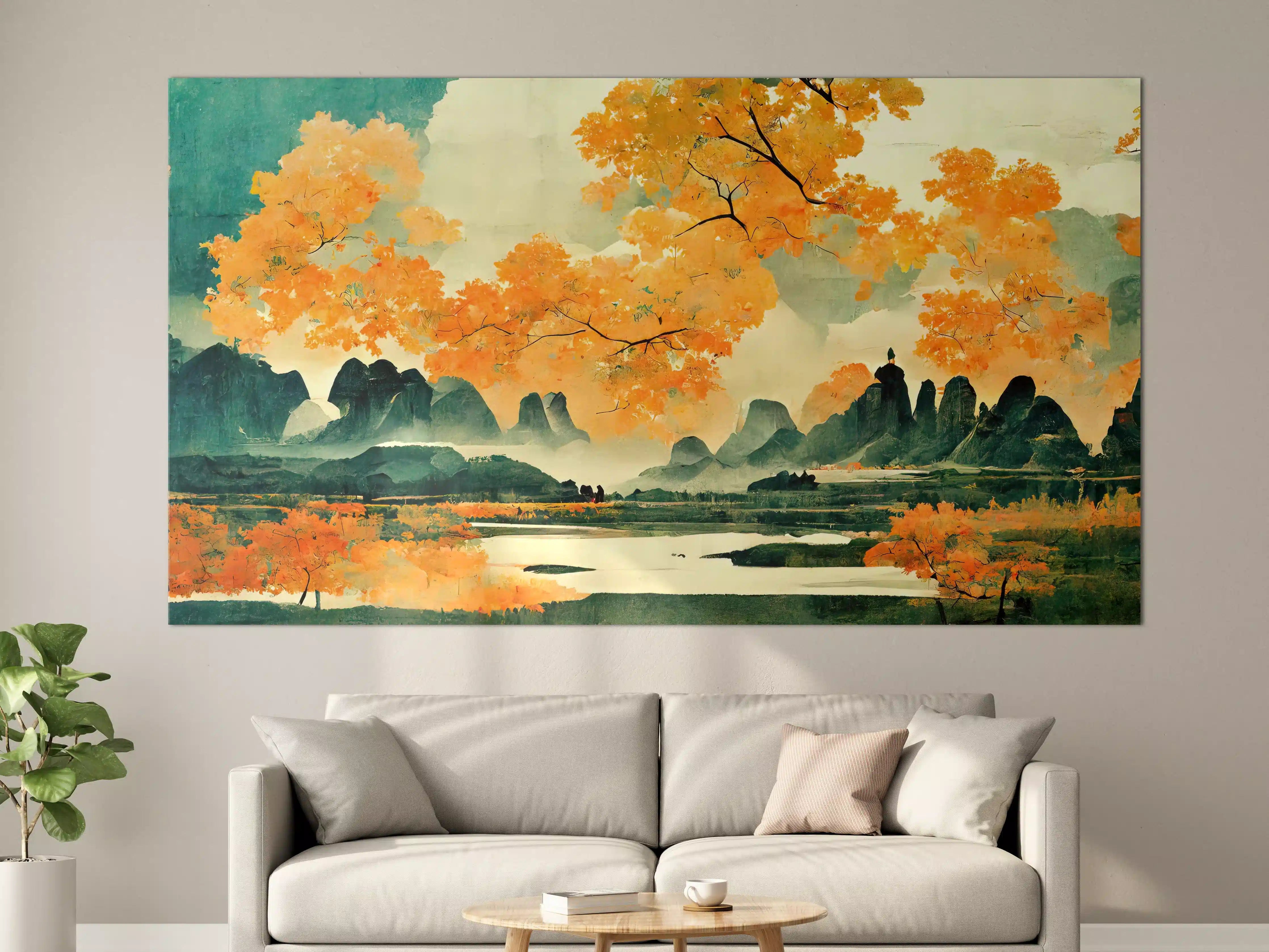 Große Wandbilder - Herbstliche Landschaft mit goldenen Baumkronen