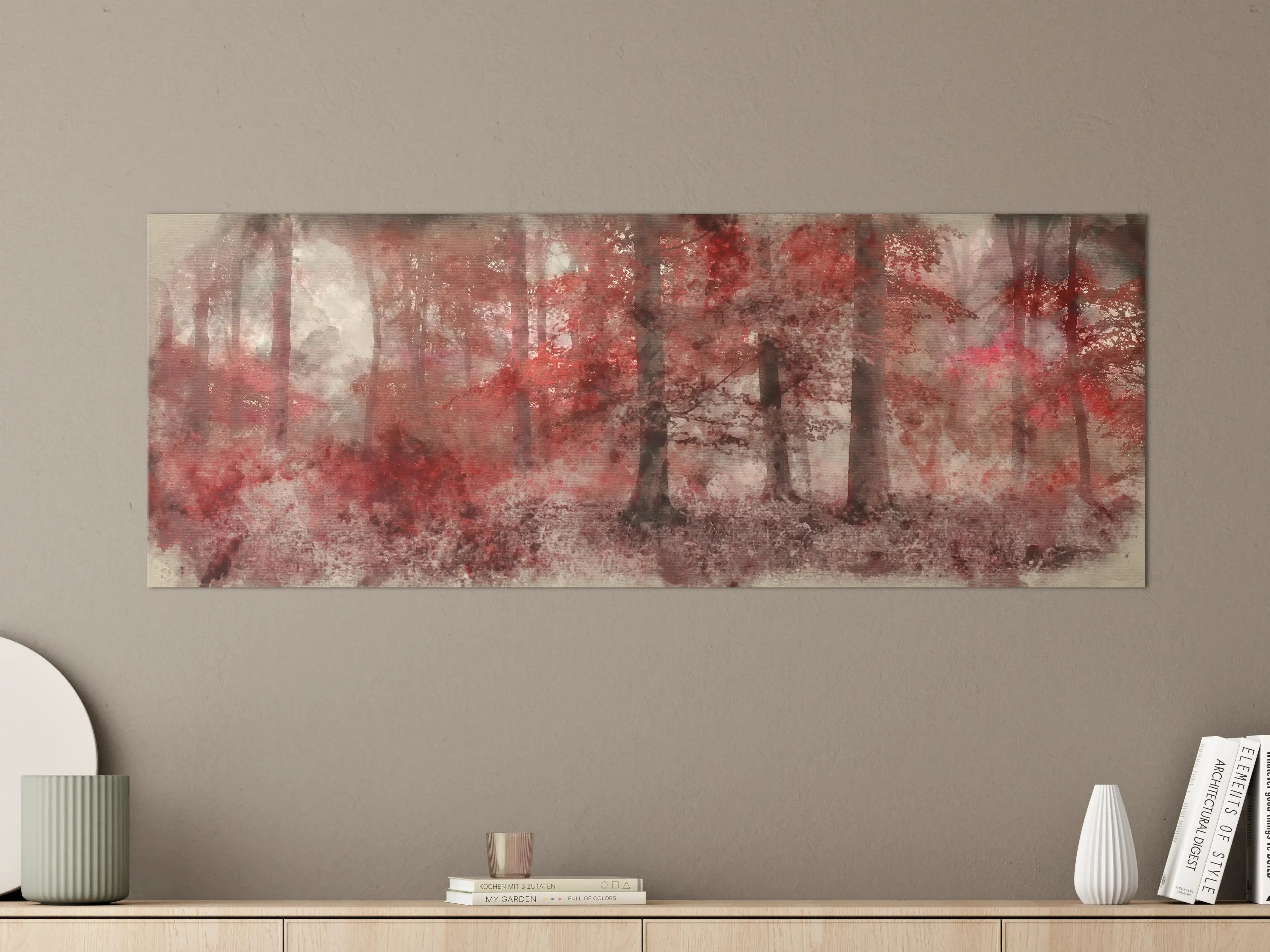 Große Wandbilder - Herbstliche Waldszene mit roten Blättern