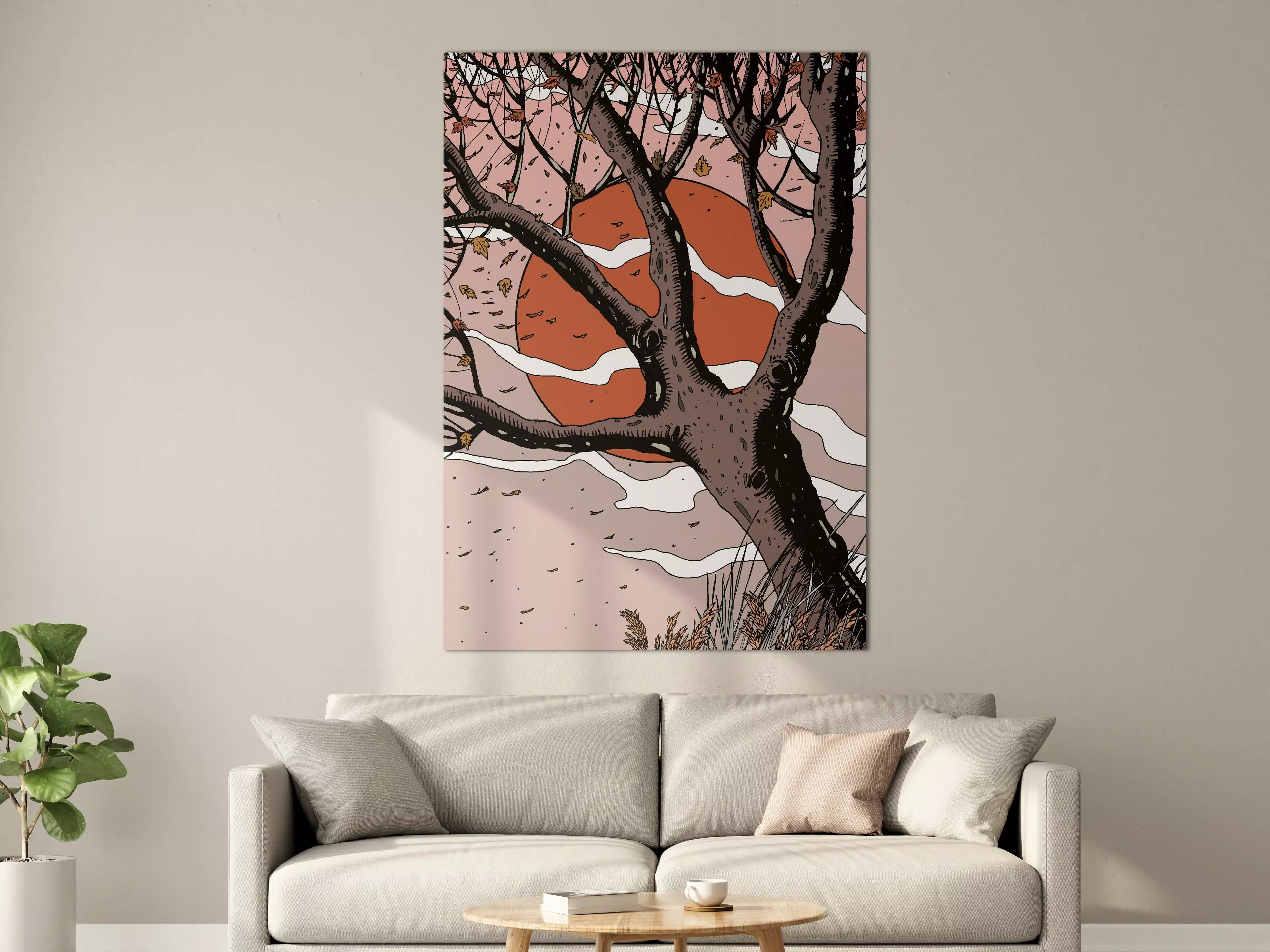 Große Wandbilder - Herbstlicher Baum mit Sonnenuntergangs-Hintergrund