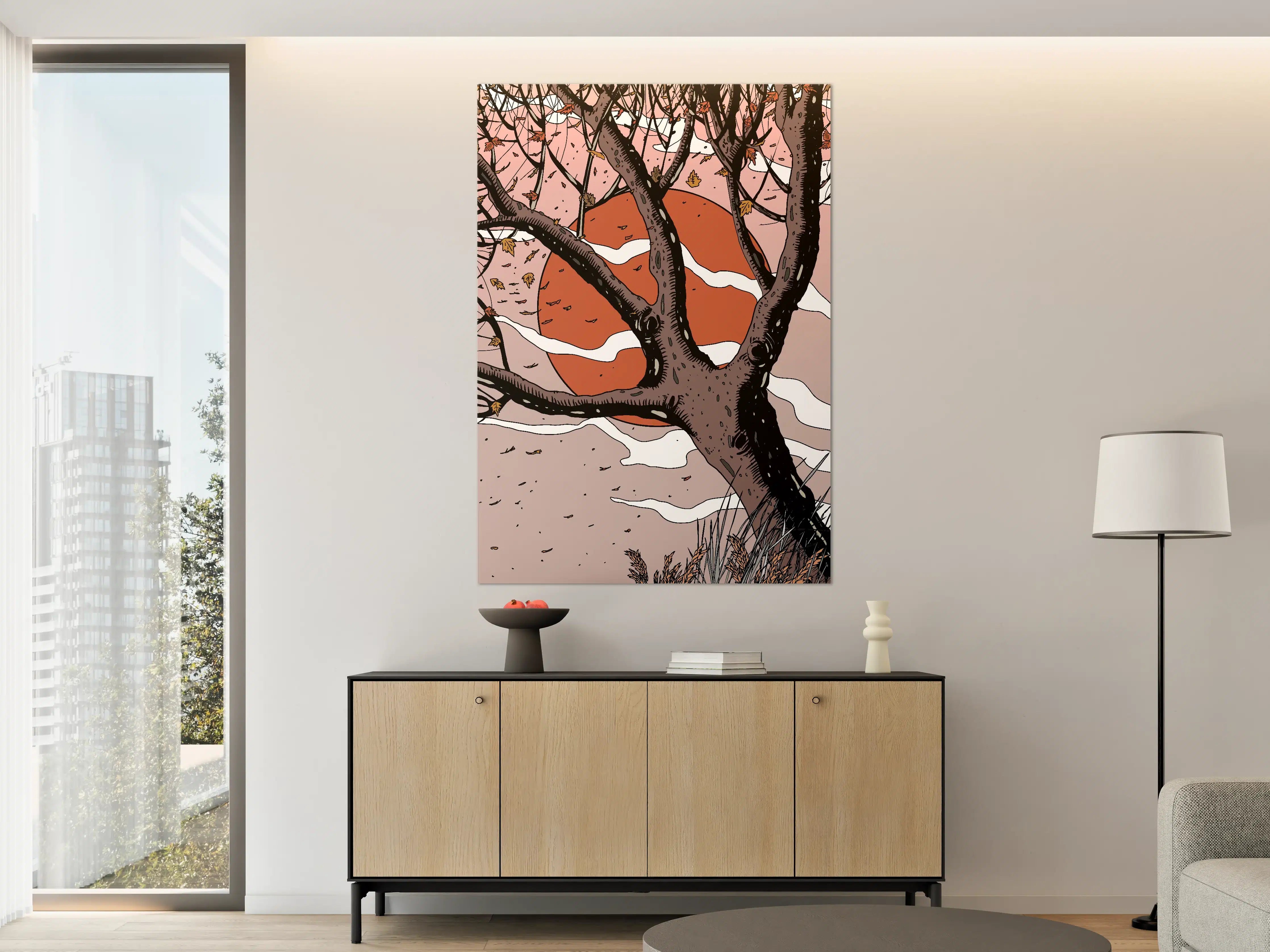 Große Wandbilder - Herbstlicher Baum mit Sonnenuntergangs-Hintergrund