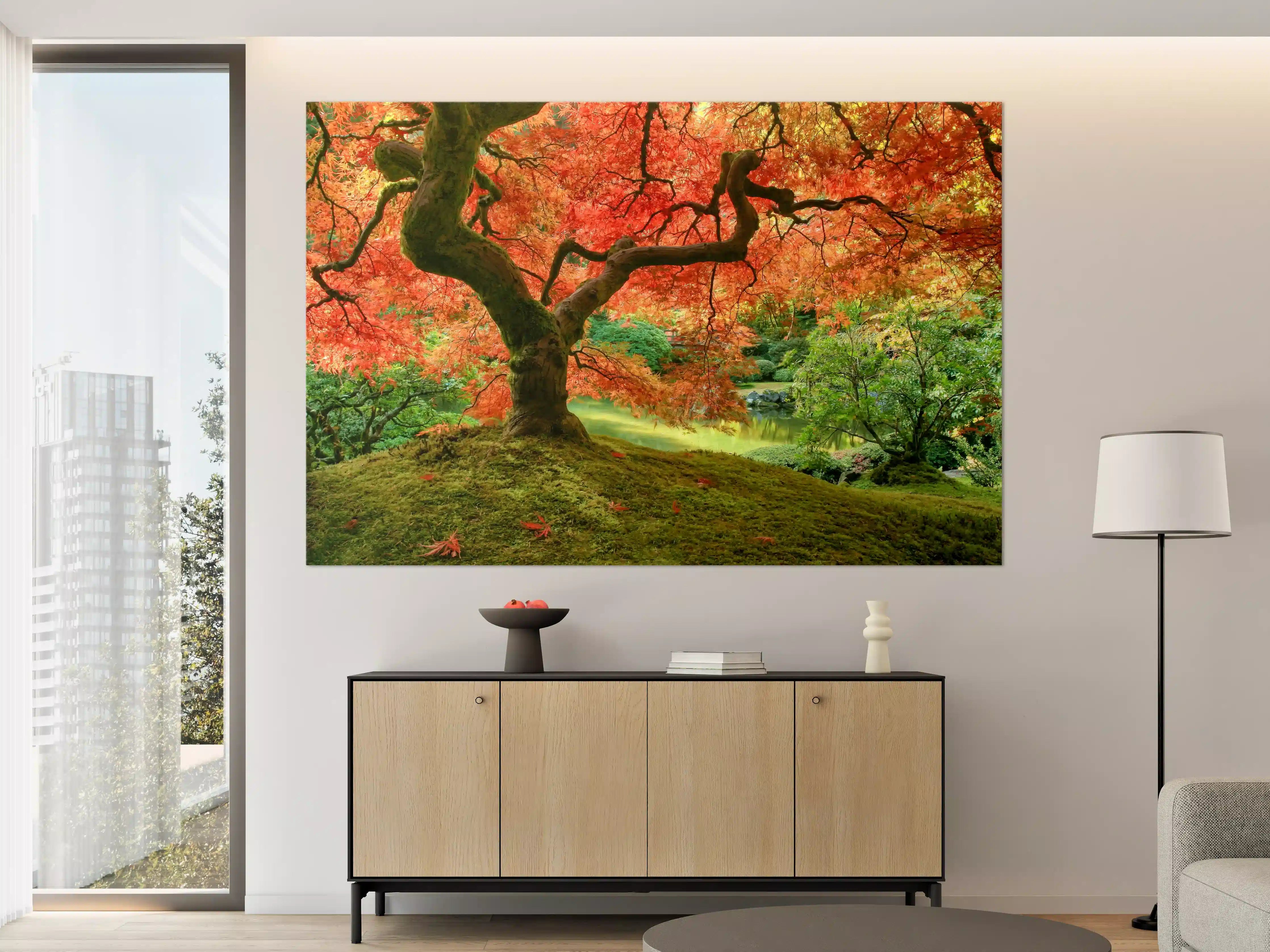 Große Wandbilder - Herbstlicher Baum mit leuchtenden roten Blättern