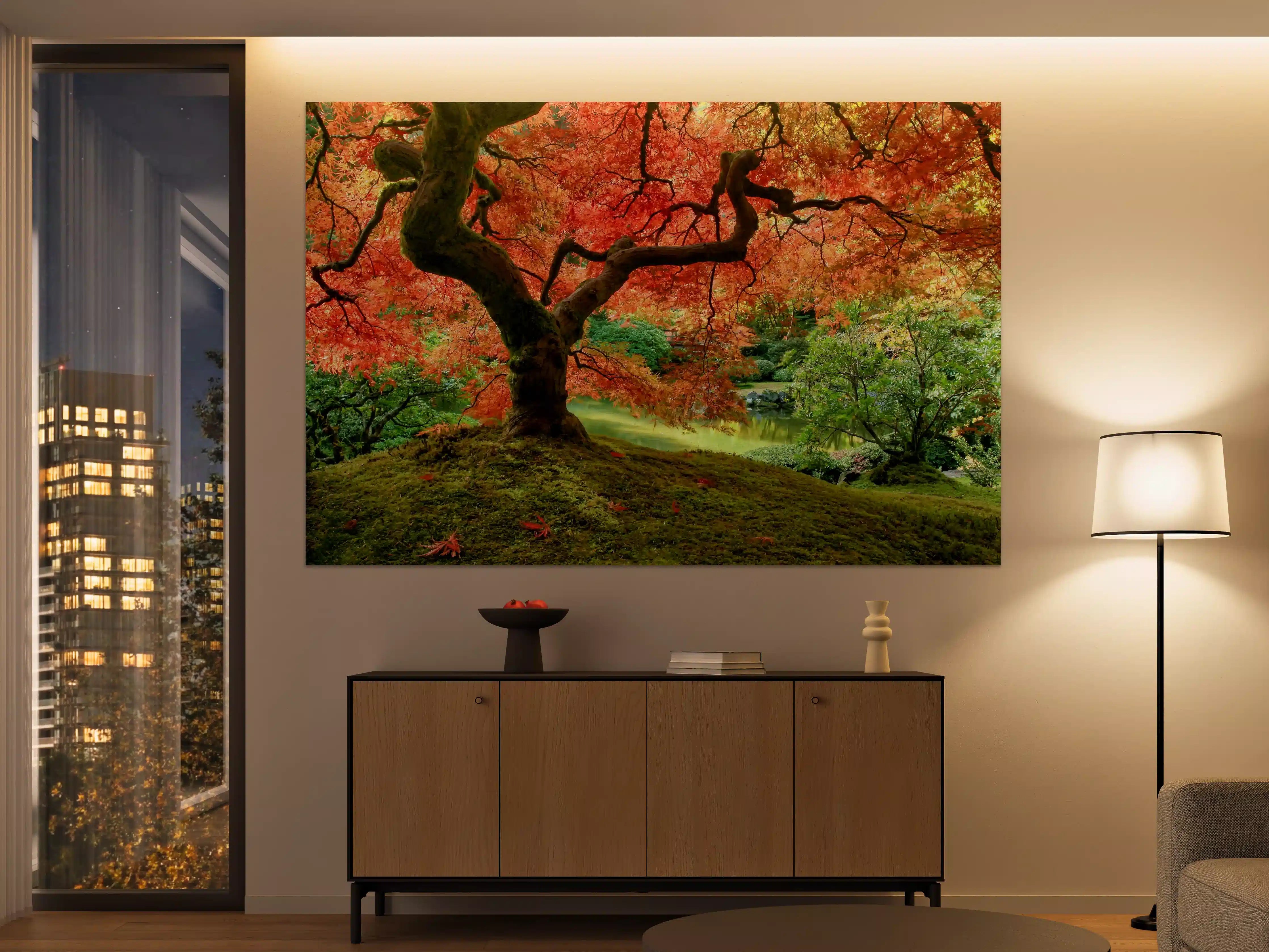 Große Wandbilder - Herbstlicher Baum mit leuchtenden roten Blättern