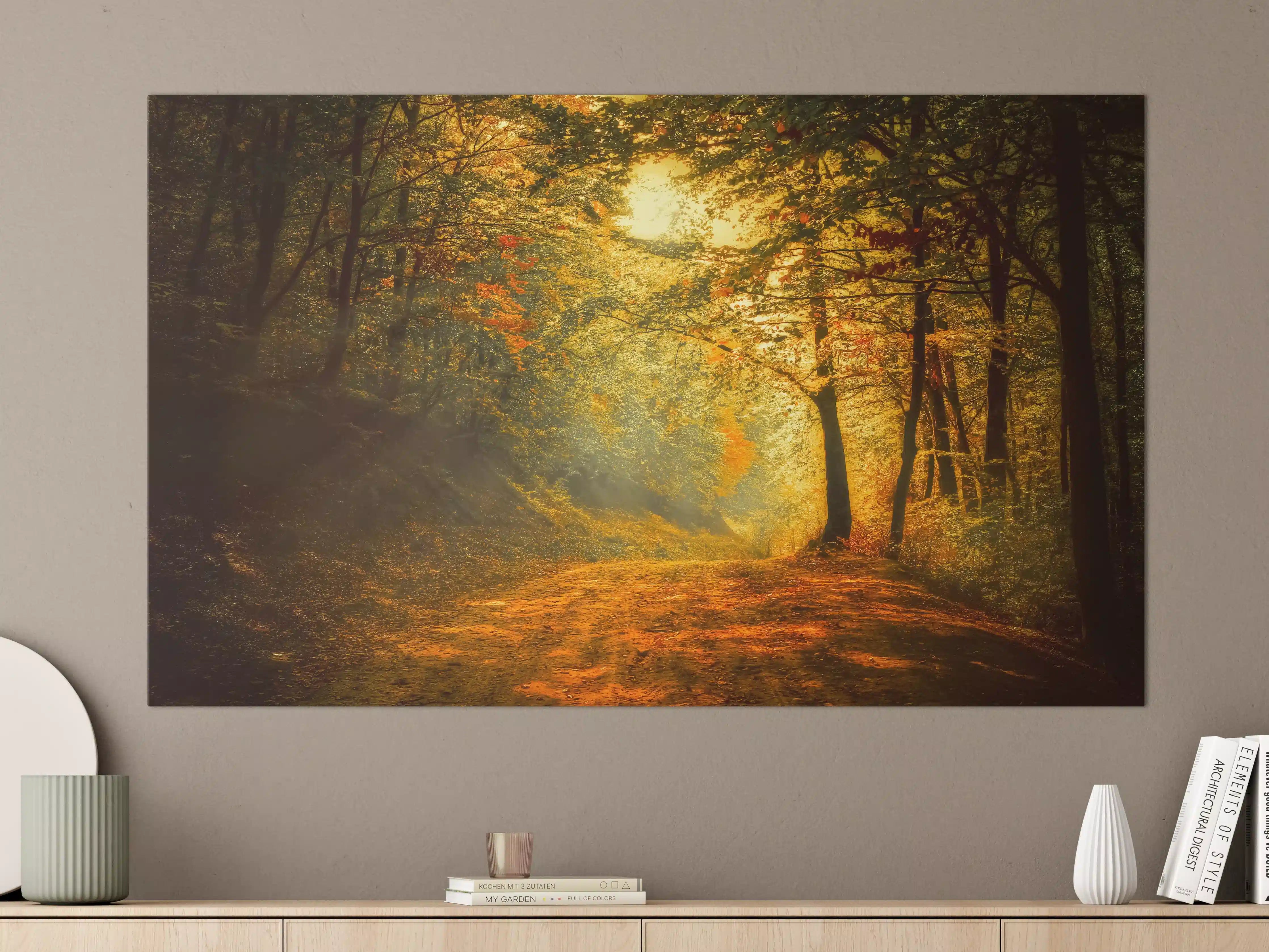 Große Wandbilder - Herbstlicher Waldweg bei Sonnenlicht