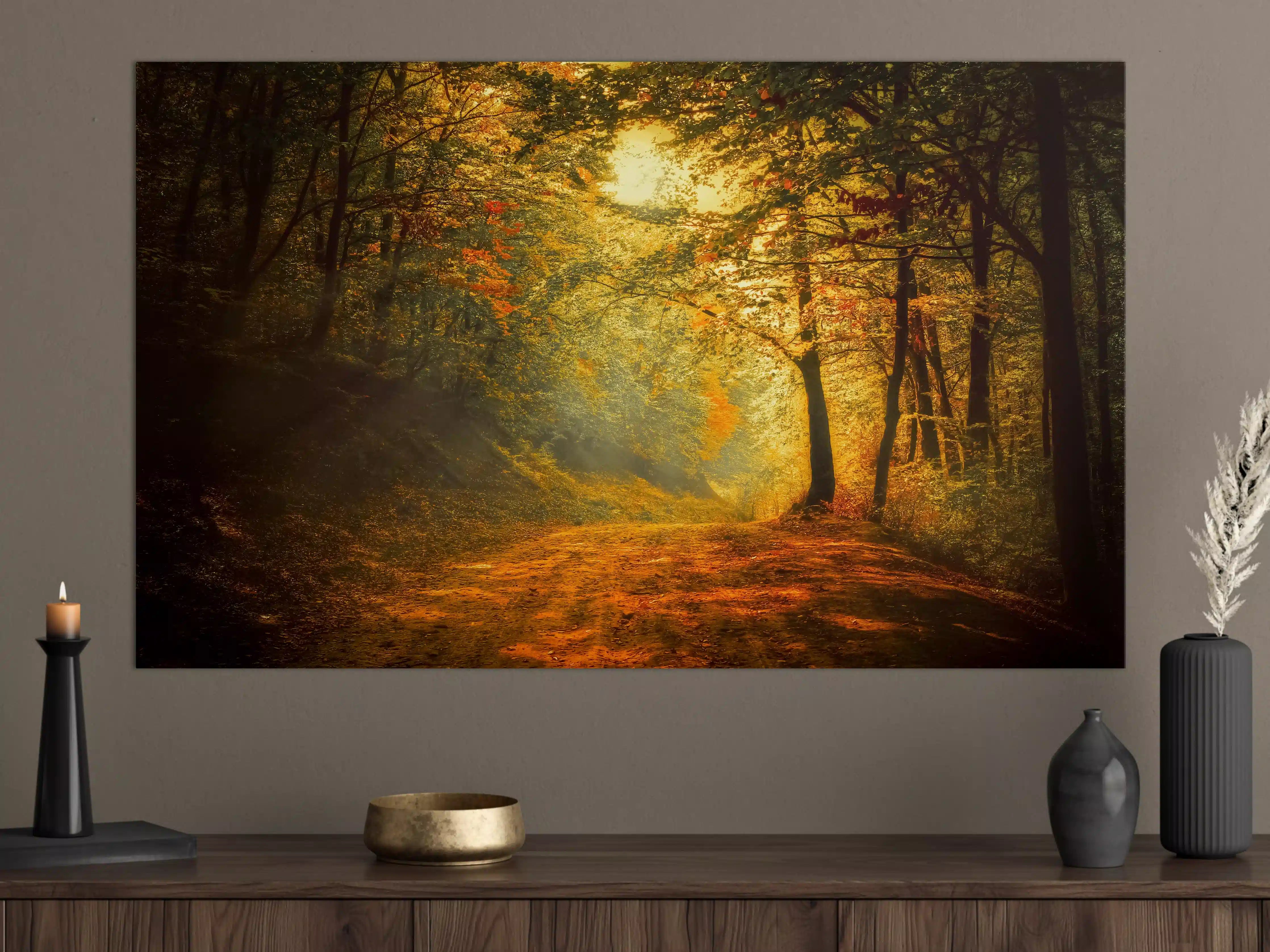 Große Wandbilder - Herbstlicher Waldweg bei Sonnenlicht