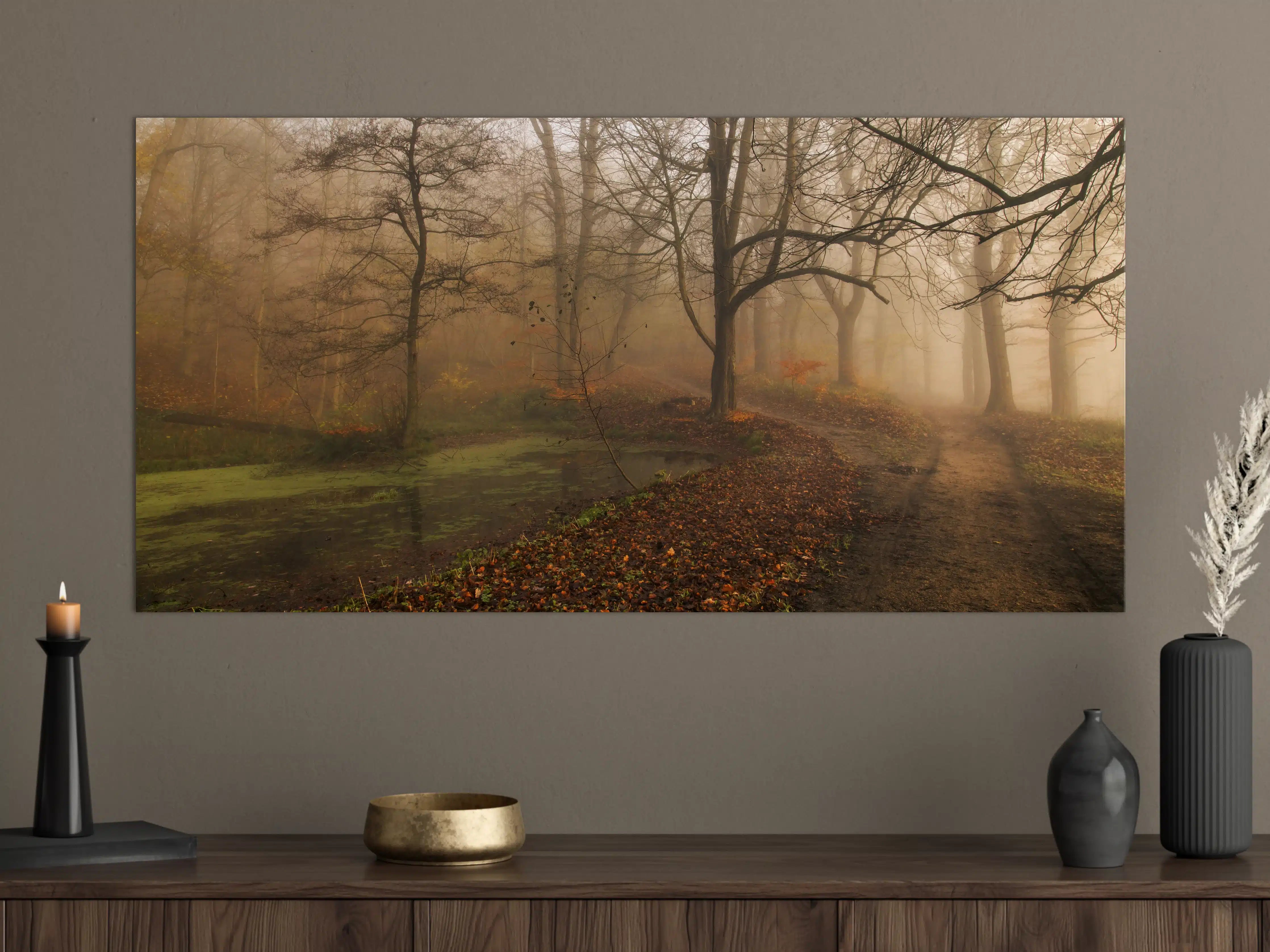Große Wandbilder - Herbstlicher Waldweg im Nebel