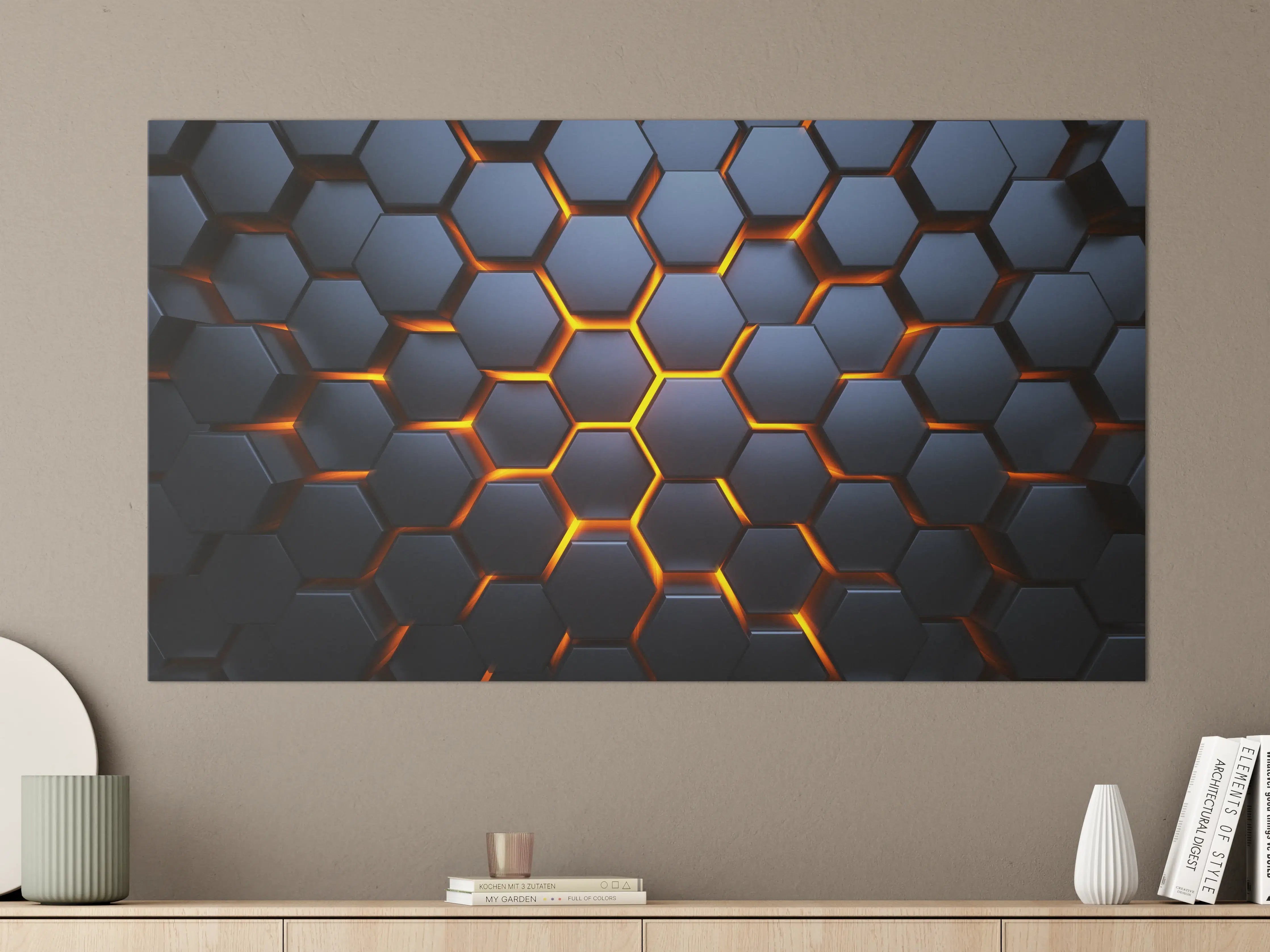 Große Wandbilder - Hexagon-Muster in Blau-Orange