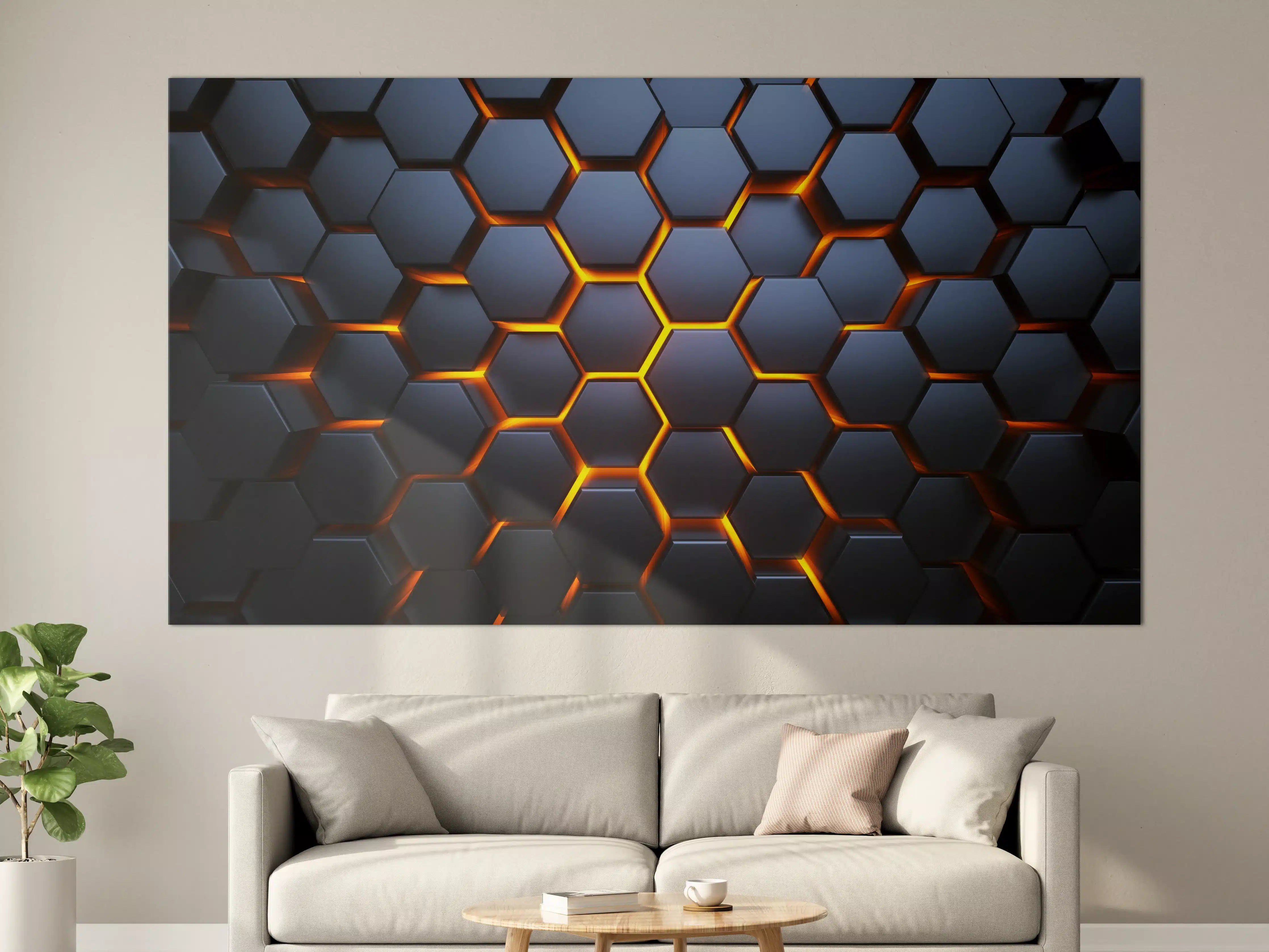 Große Wandbilder - Hexagon-Muster in Blau-Orange