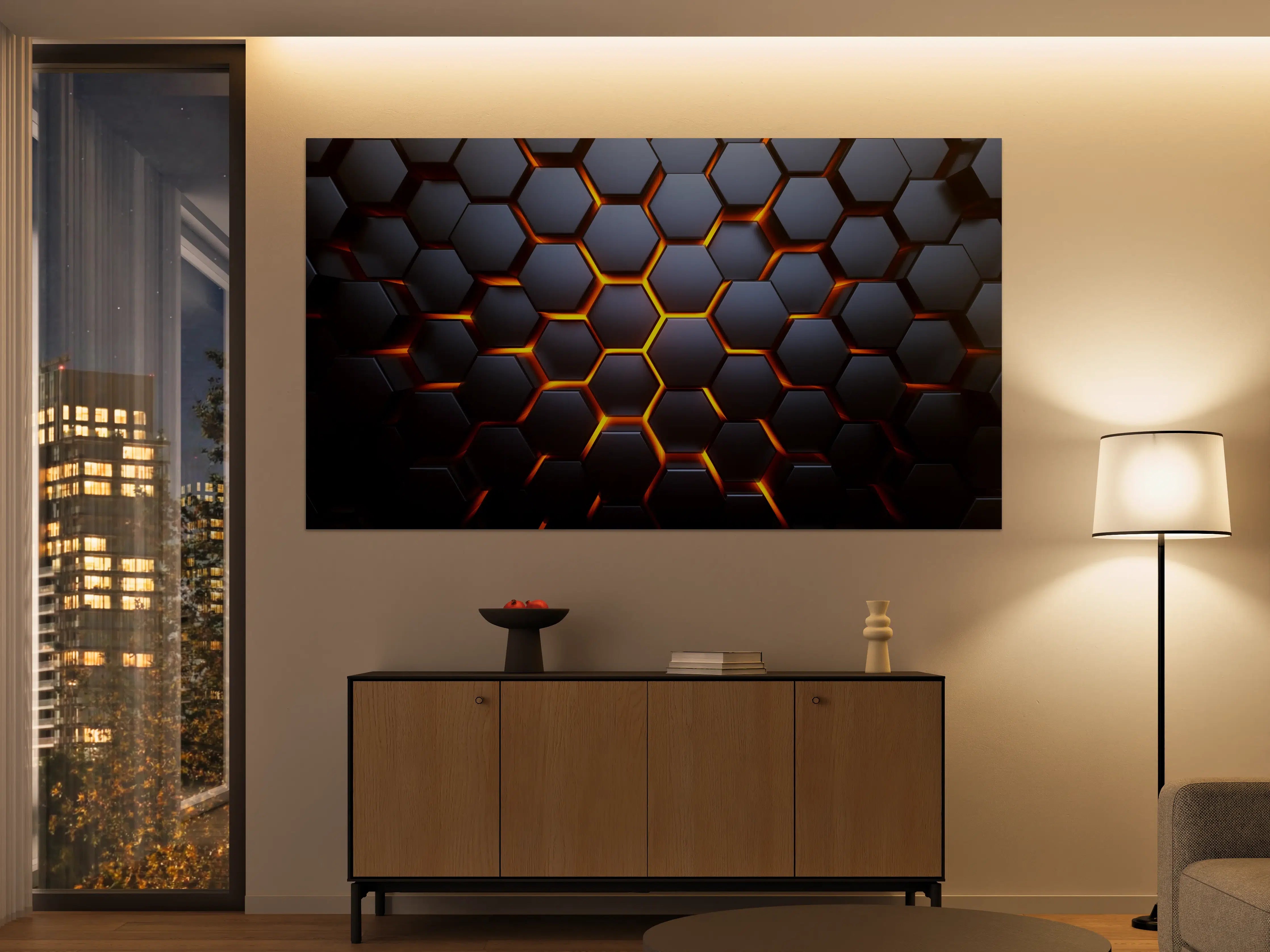 Große Wandbilder - Hexagon-Muster in Blau-Orange