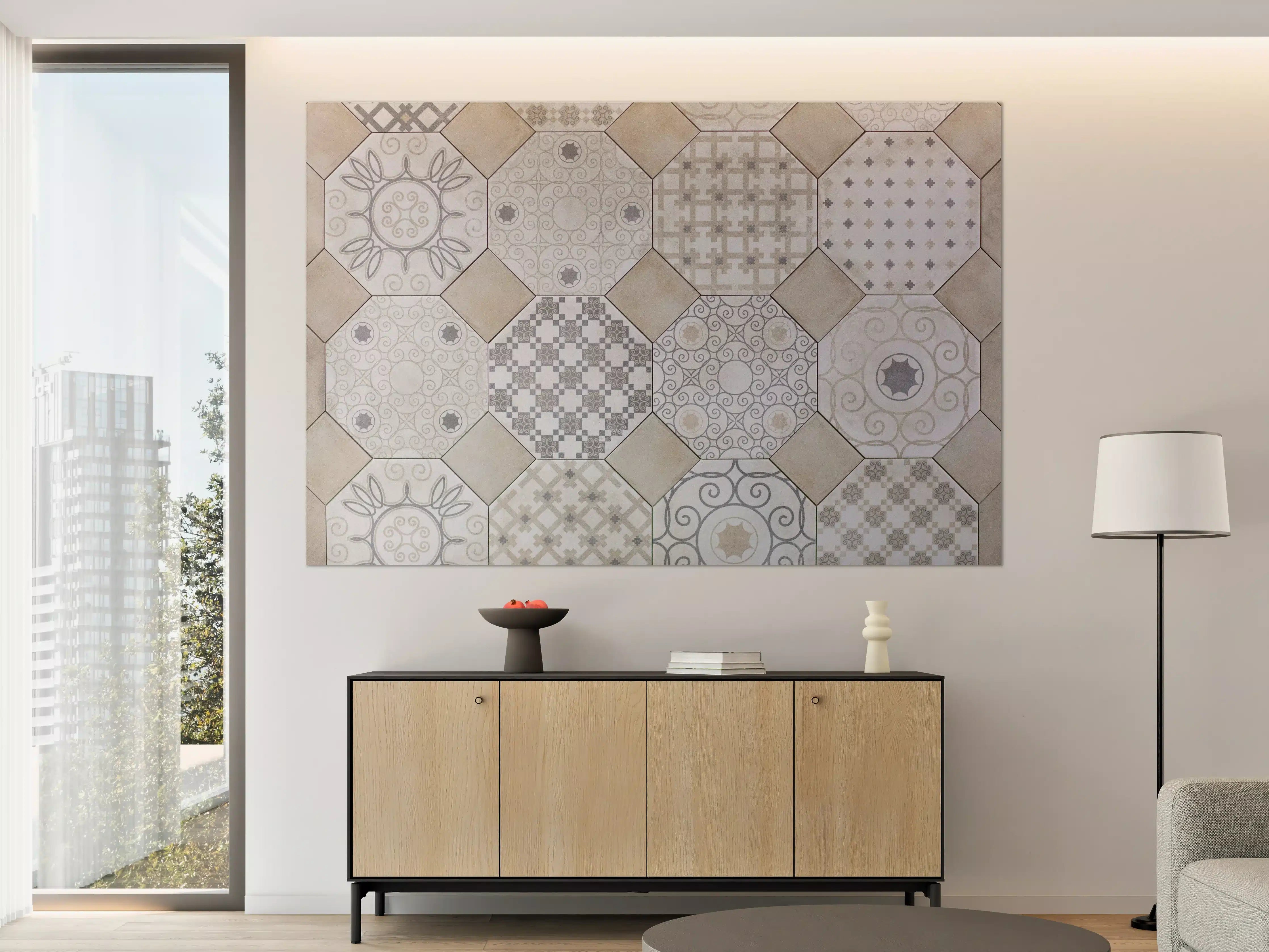 Große Wandbilder - Hexagonale Weiß-Grau Fliesenmuster