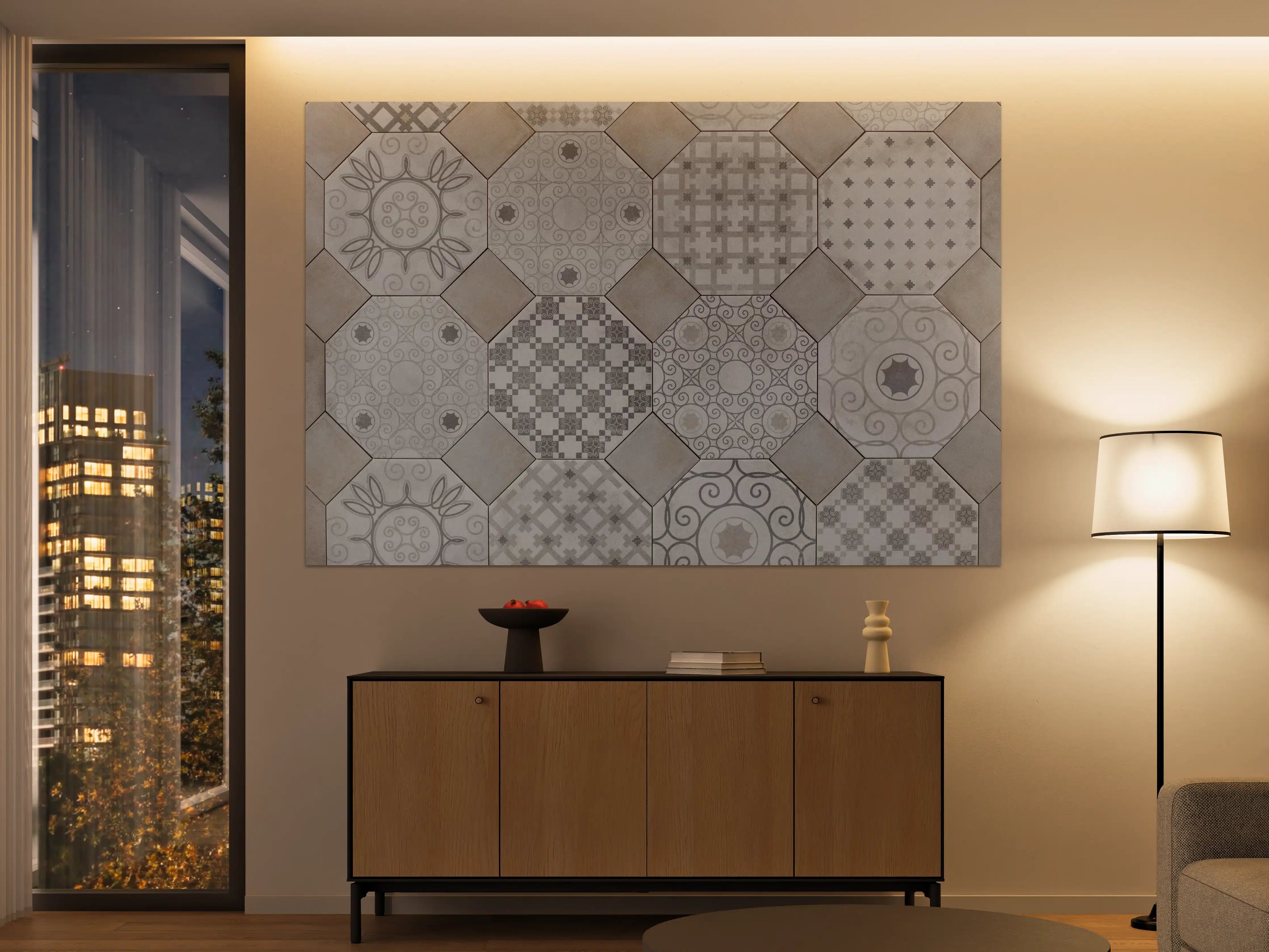 Große Wandbilder - Hexagonale Weiß-Grau Fliesenmuster