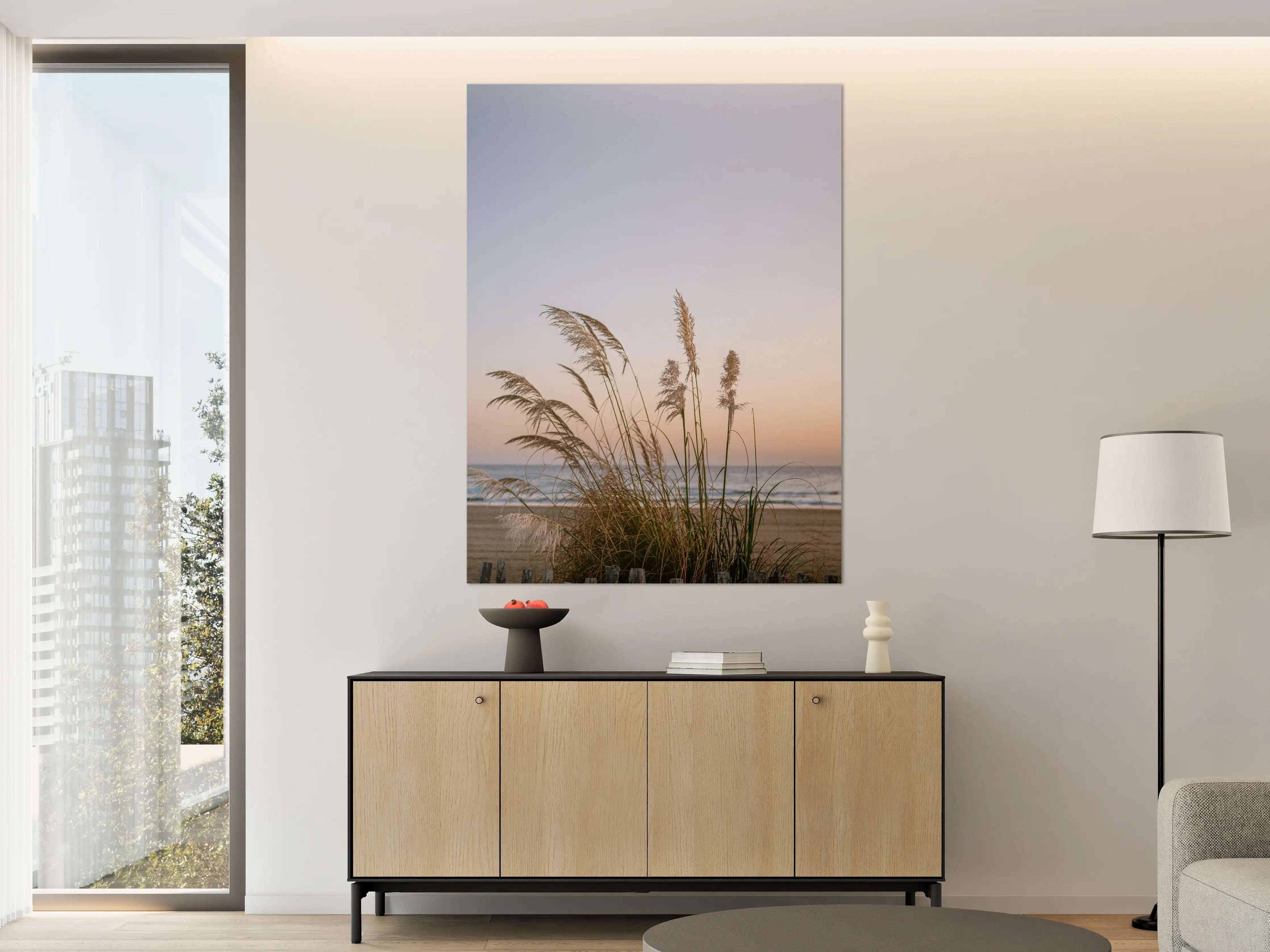 Große Wandbilder - Himmel und Strand mit Gräsern bei Sonnenuntergang