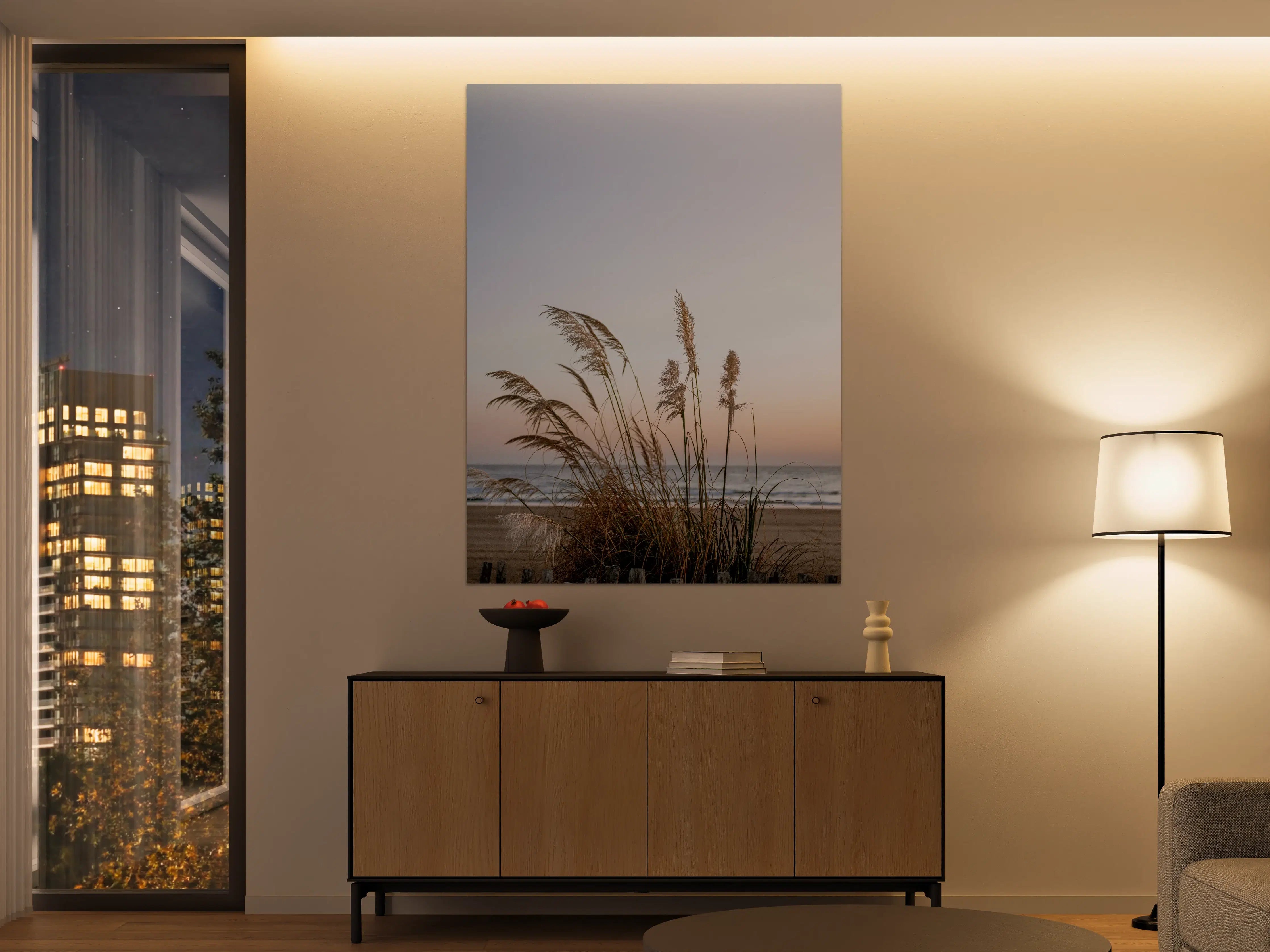 Große Wandbilder - Himmel und Strand mit Gräsern bei Sonnenuntergang