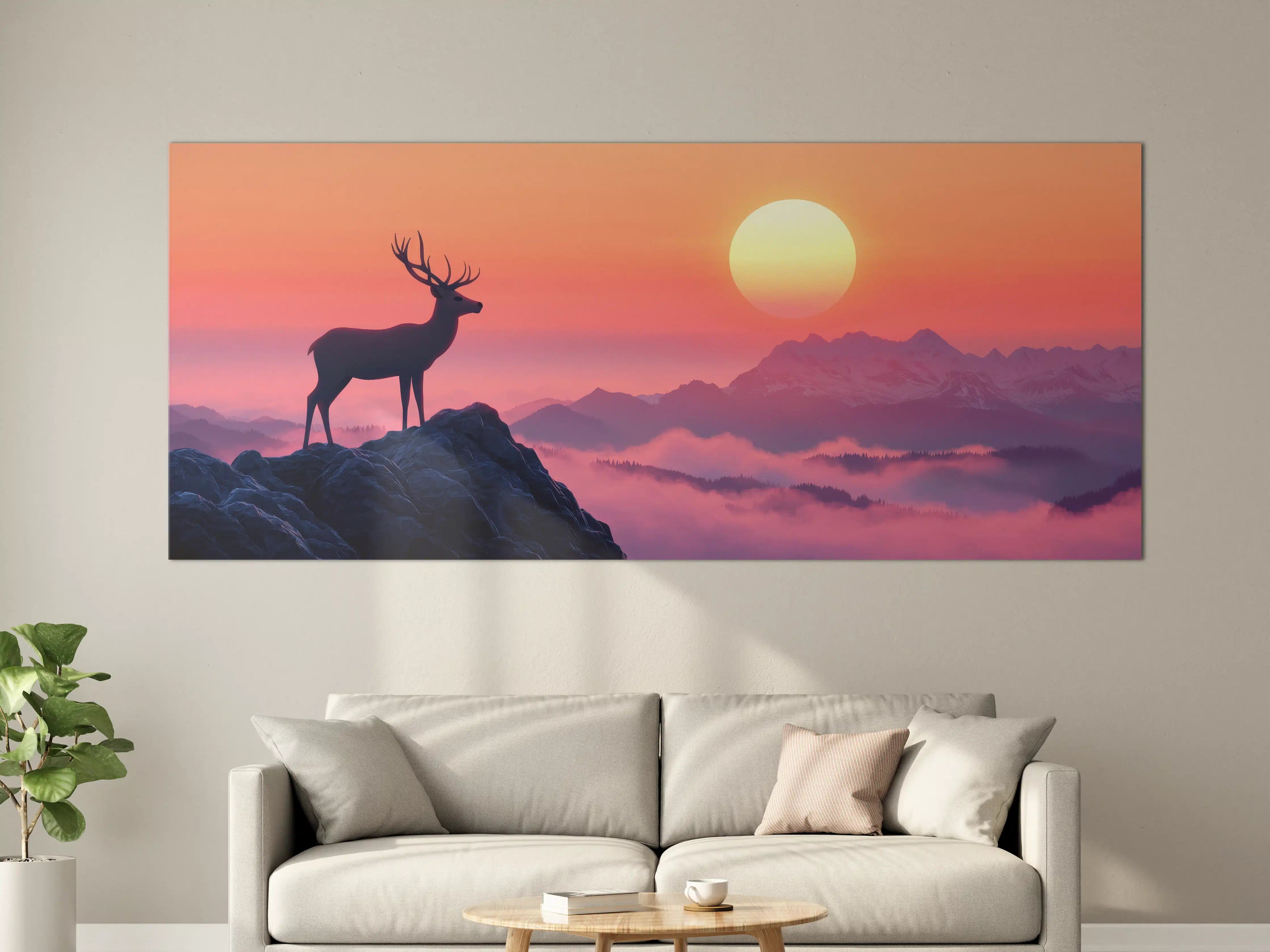 Große Wandbilder - Hirsch-Silhouette Sonnenaufgang Orange-Pink