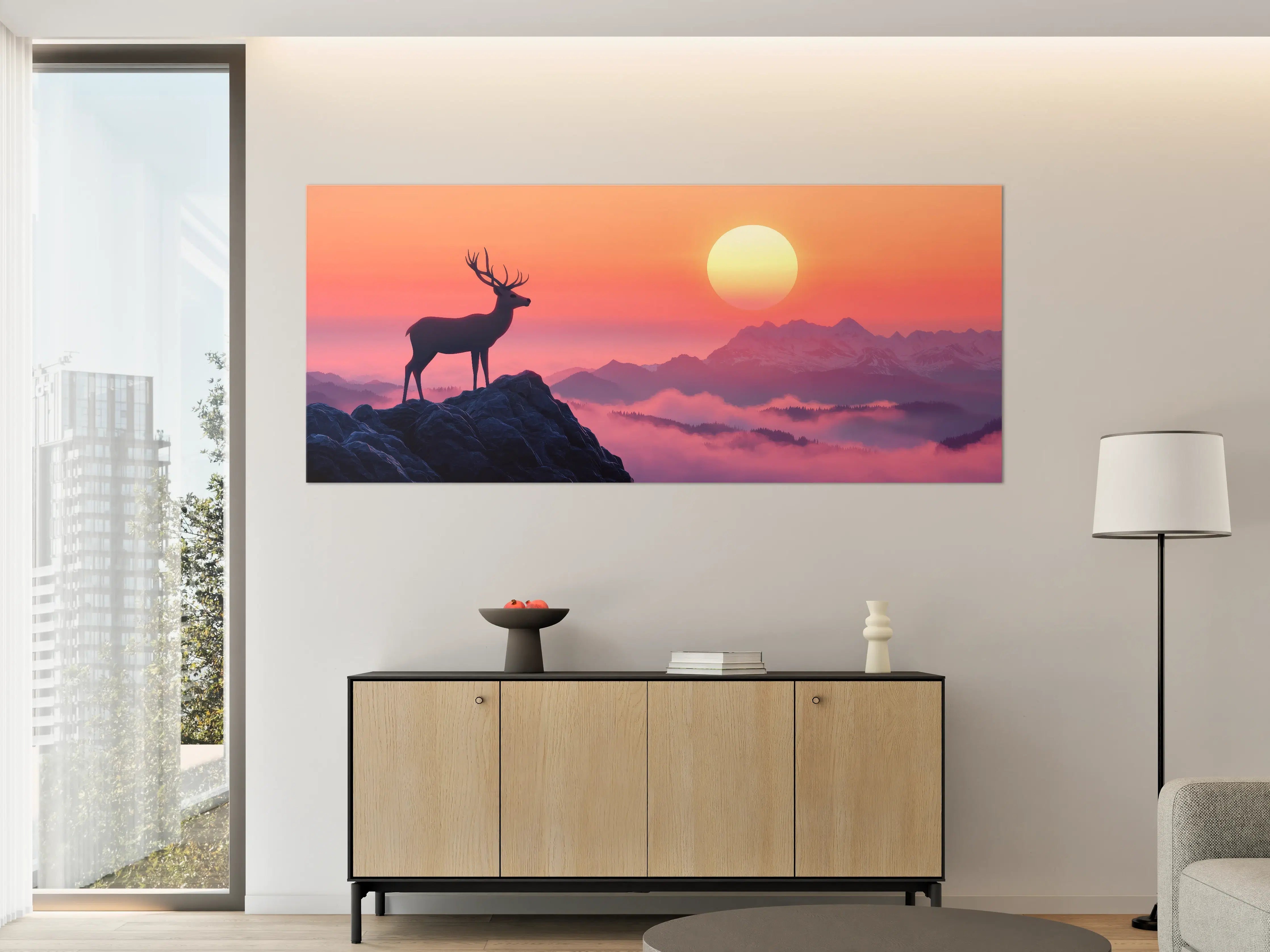 Große Wandbilder - Hirsch-Silhouette Sonnenaufgang Orange-Pink
