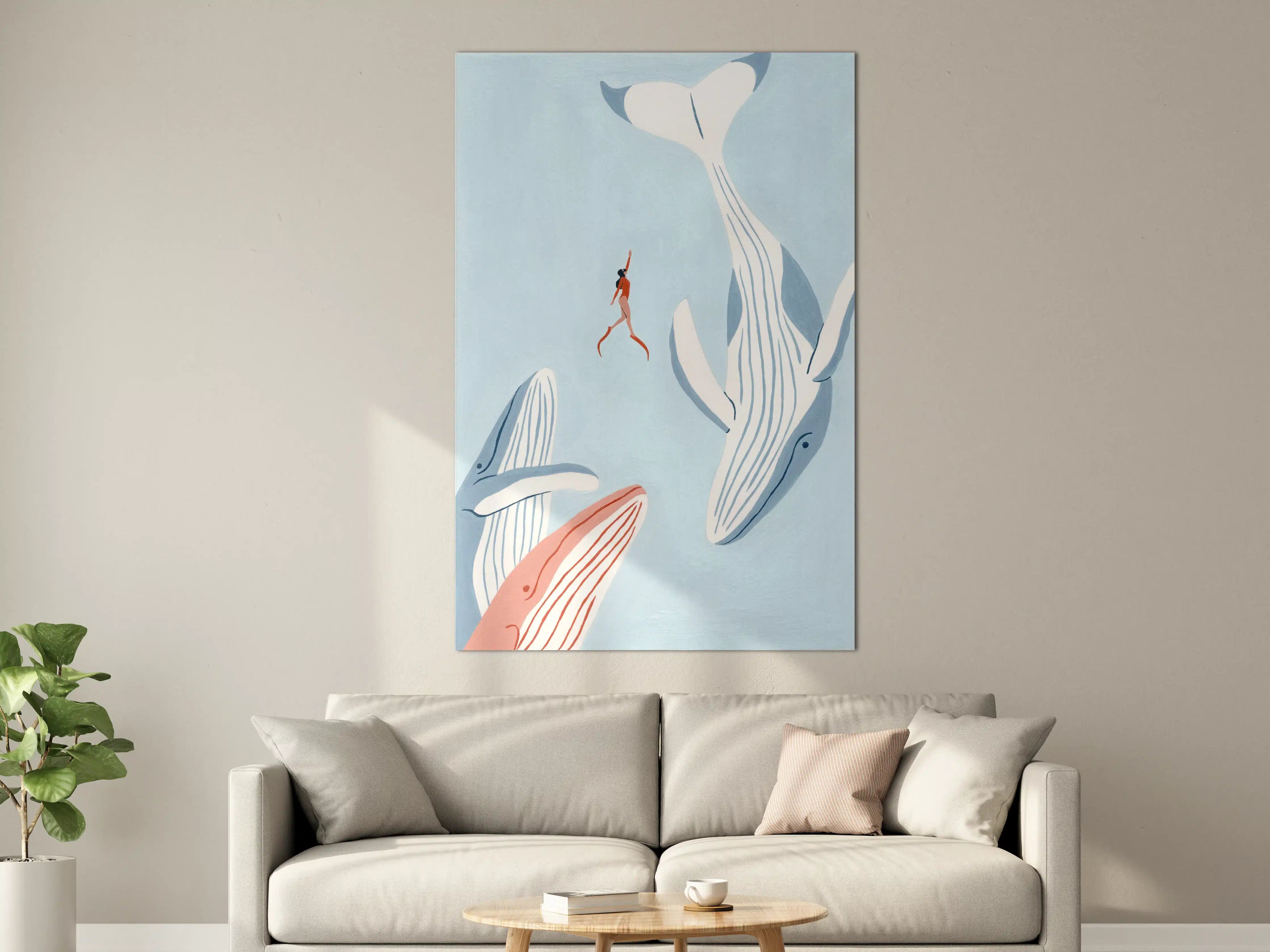 Große Wandbilder - Hochwertiges Wandbild mit Walen und Meerjungfrau in Blau
