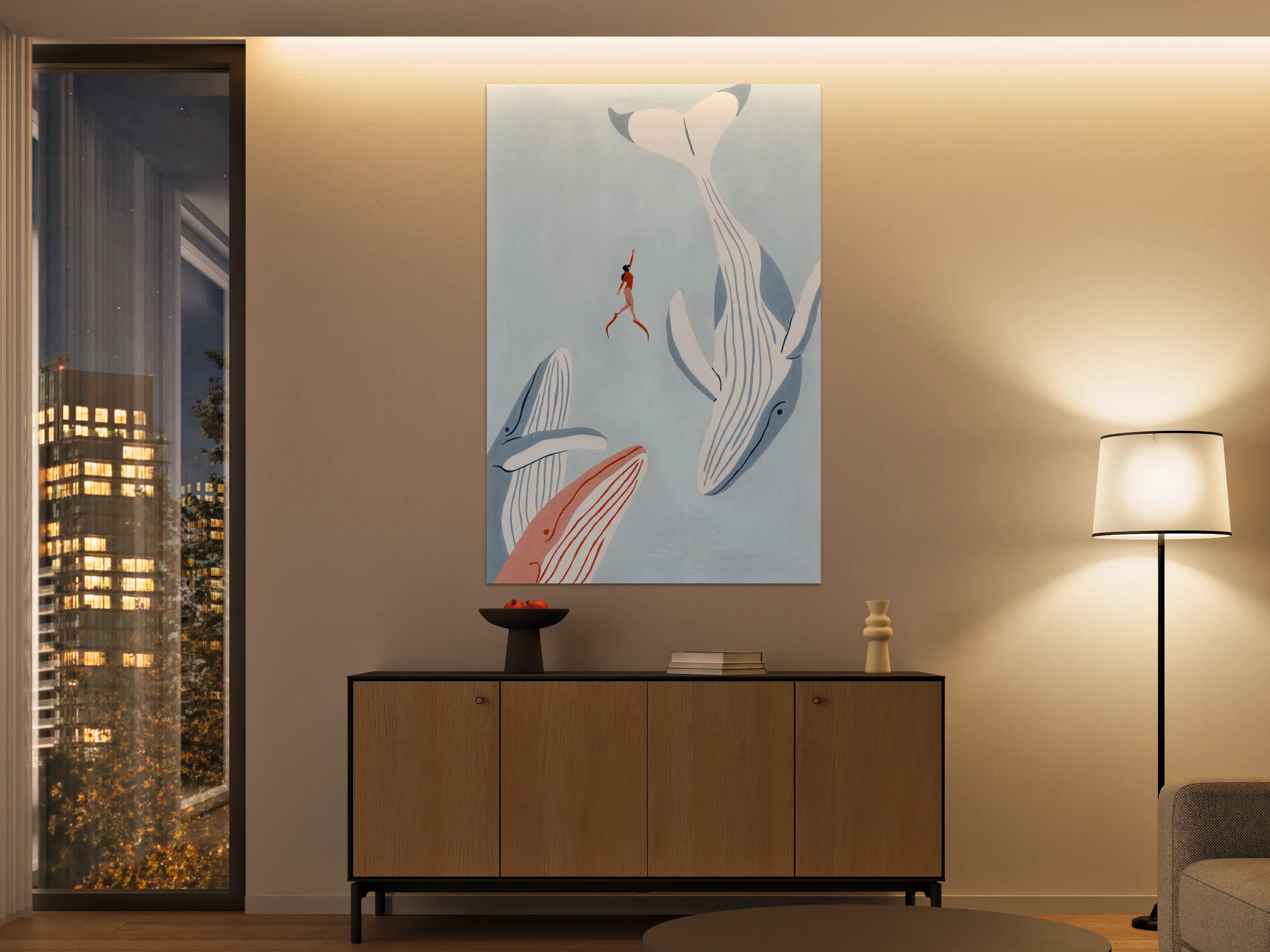 Große Wandbilder - Hochwertiges Wandbild mit Walen und Meerjungfrau in Blau