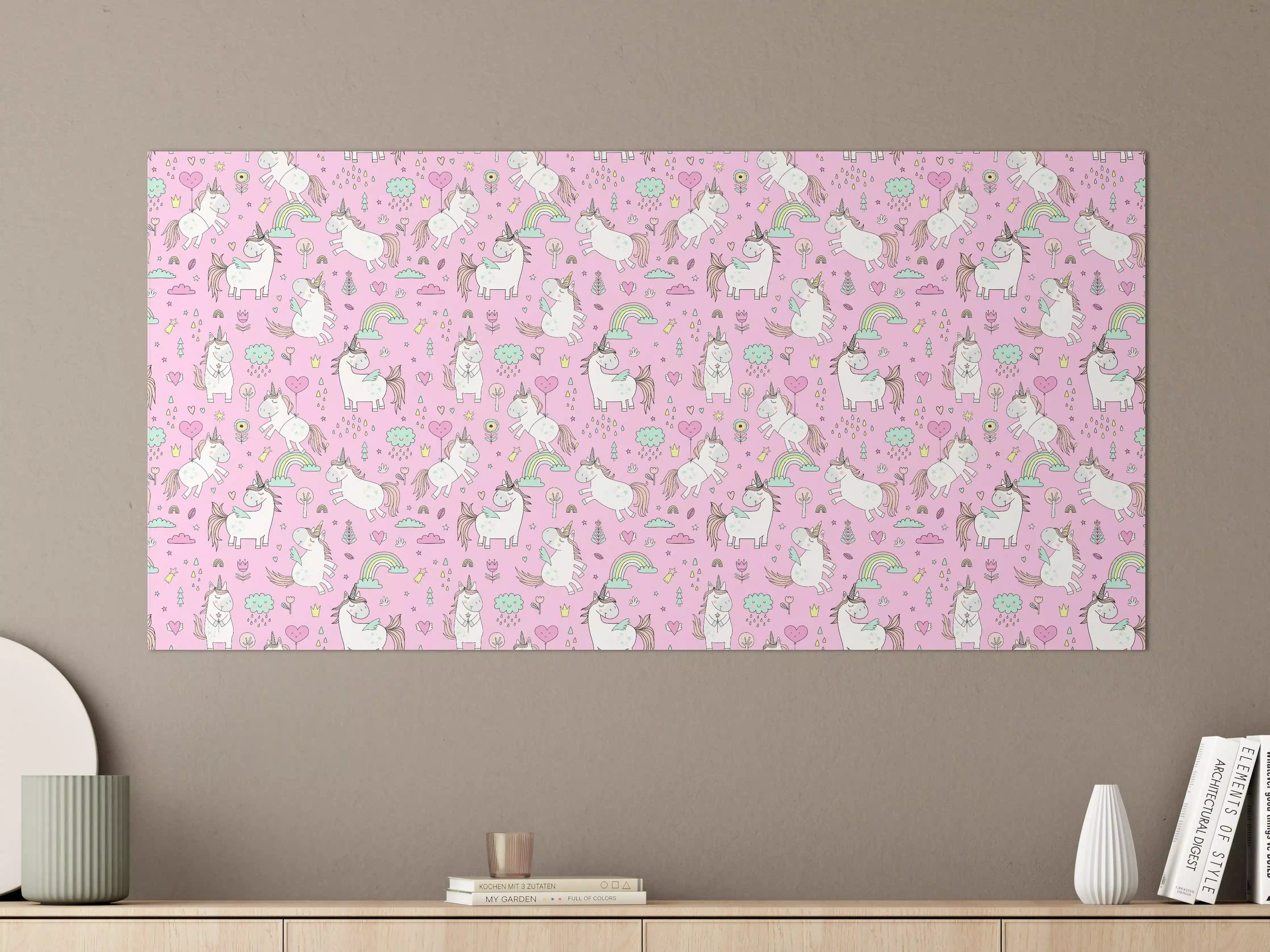 Große Wandbilder - Hochwertiges, verspieltes Einhorn-Muster in Pastellrosa