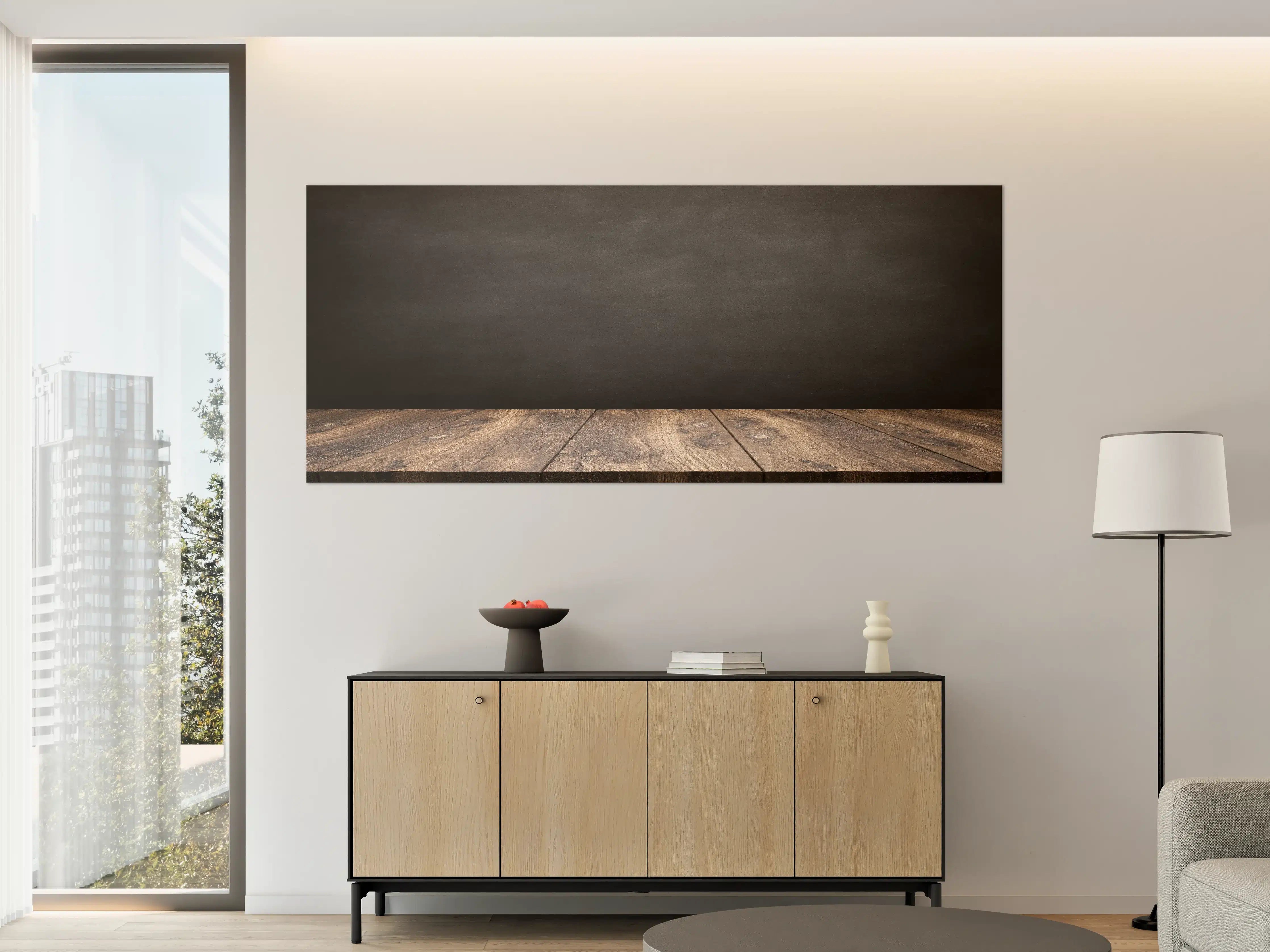 Große Wandbilder - Holztisch mit schwarzer Wandtafel