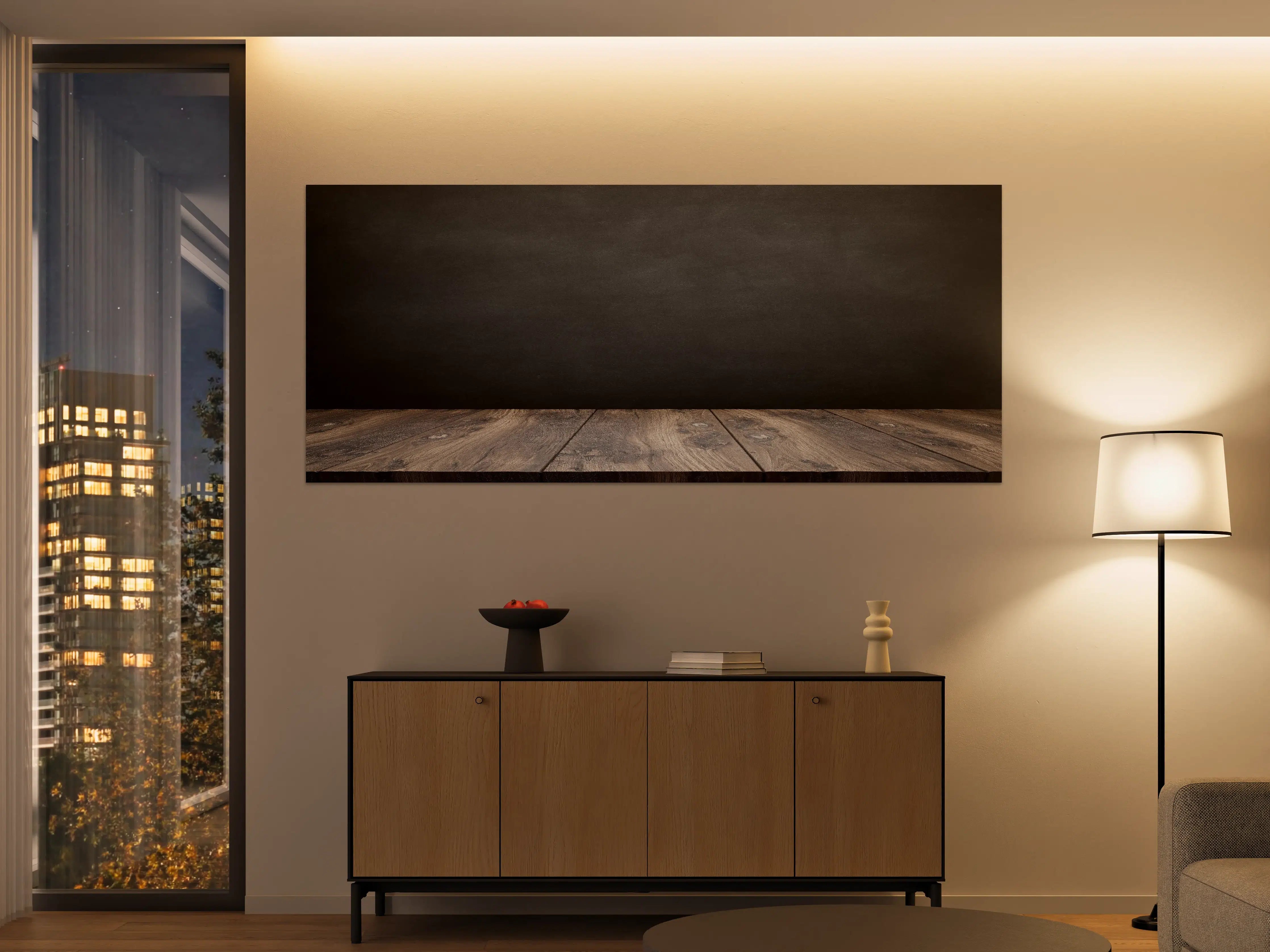 Große Wandbilder - Holztisch mit schwarzer Wandtafel