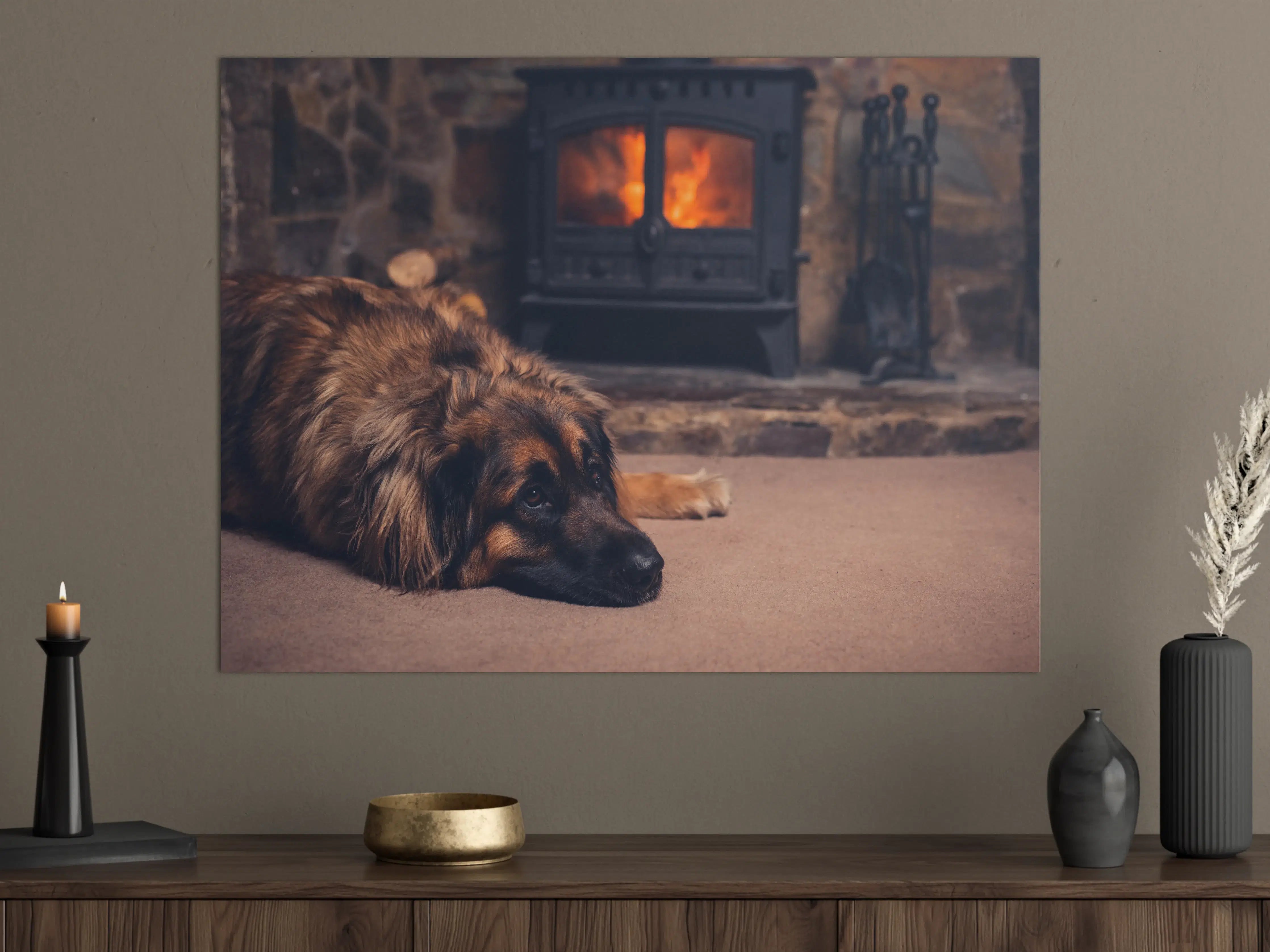Große Wandbilder - Hund entspannt am Feuer