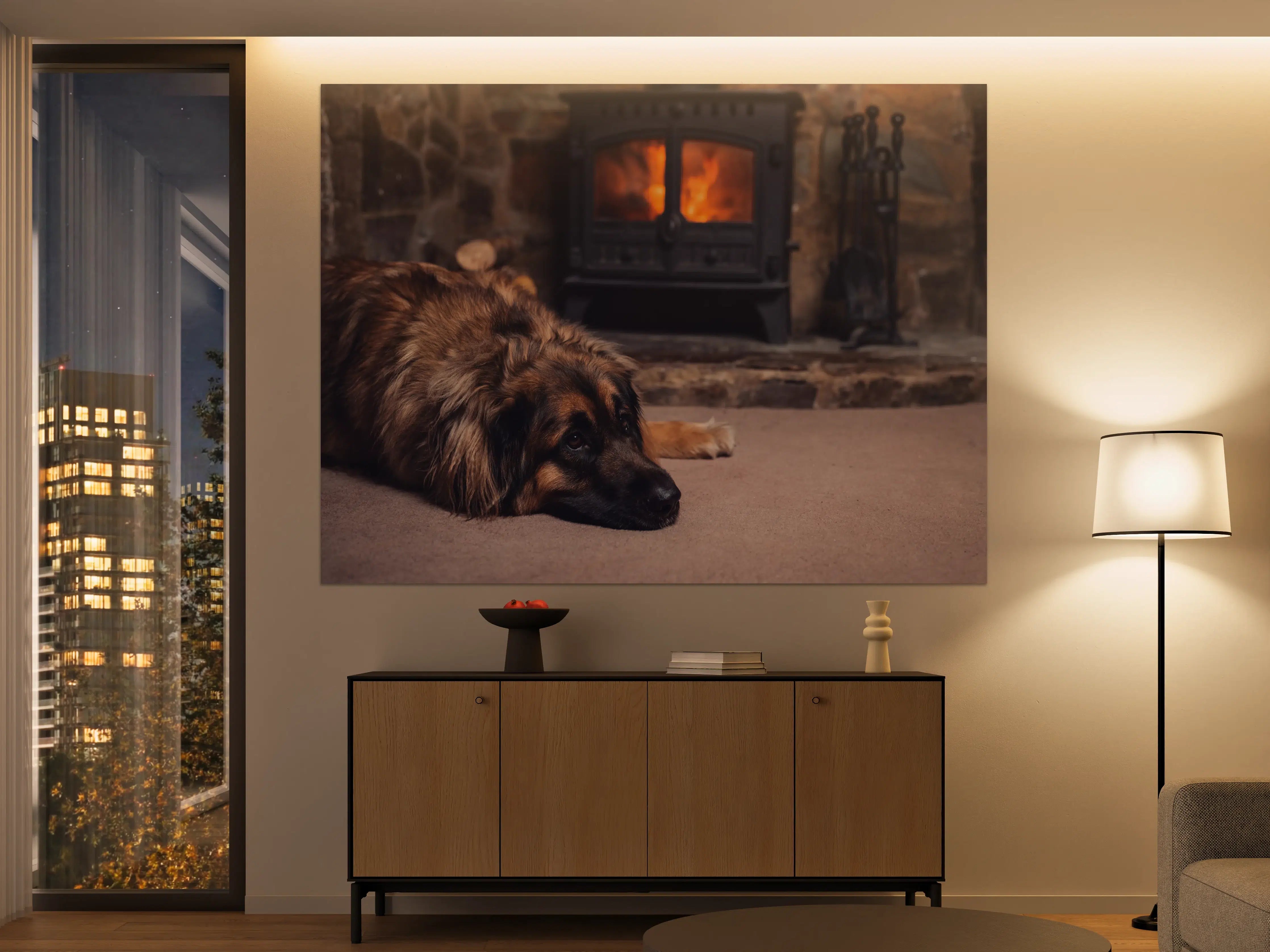 Große Wandbilder - Hund entspannt am Feuer