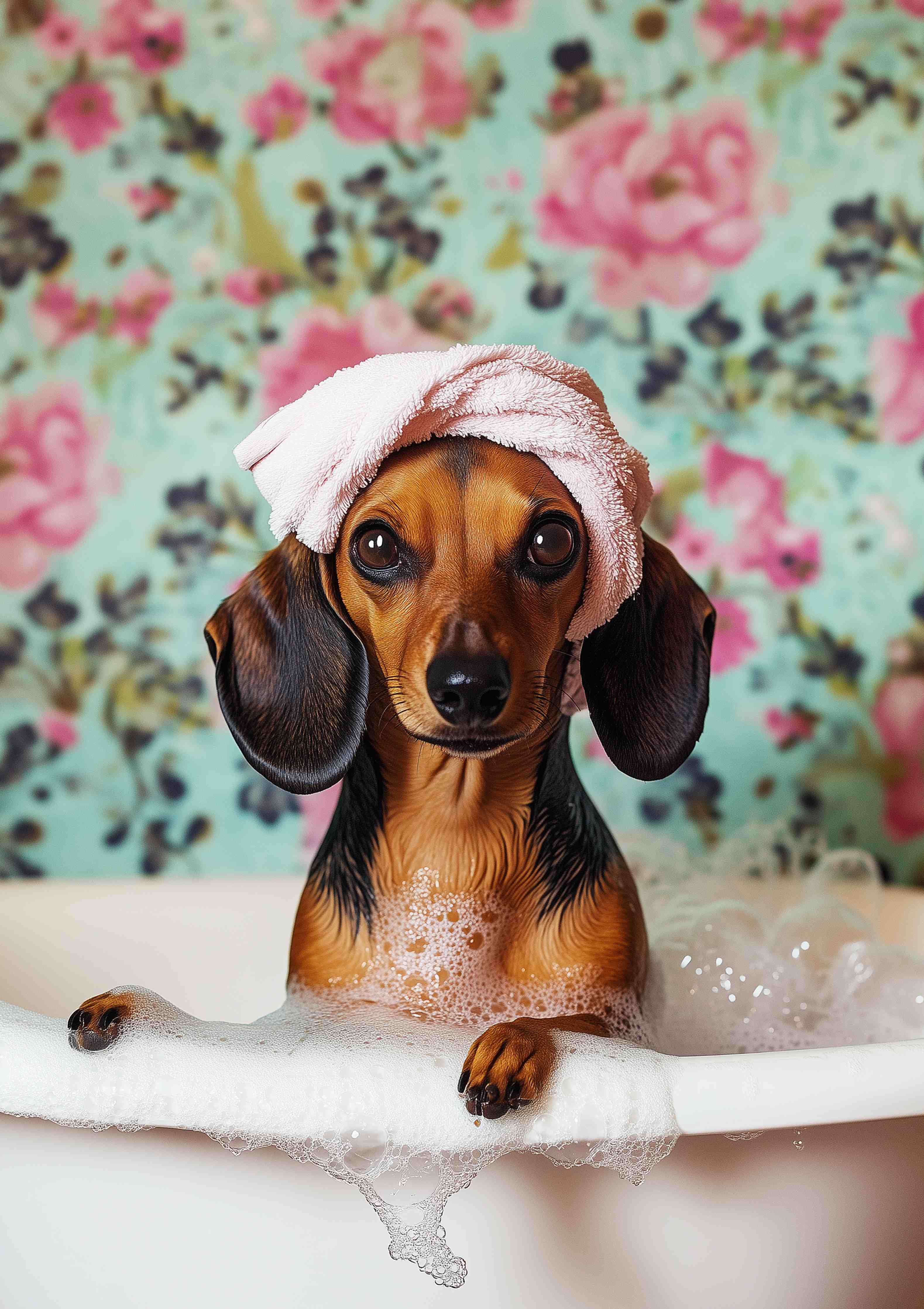 Große Wandbilder-Hunde im Bad mit Blümchenhintergrund