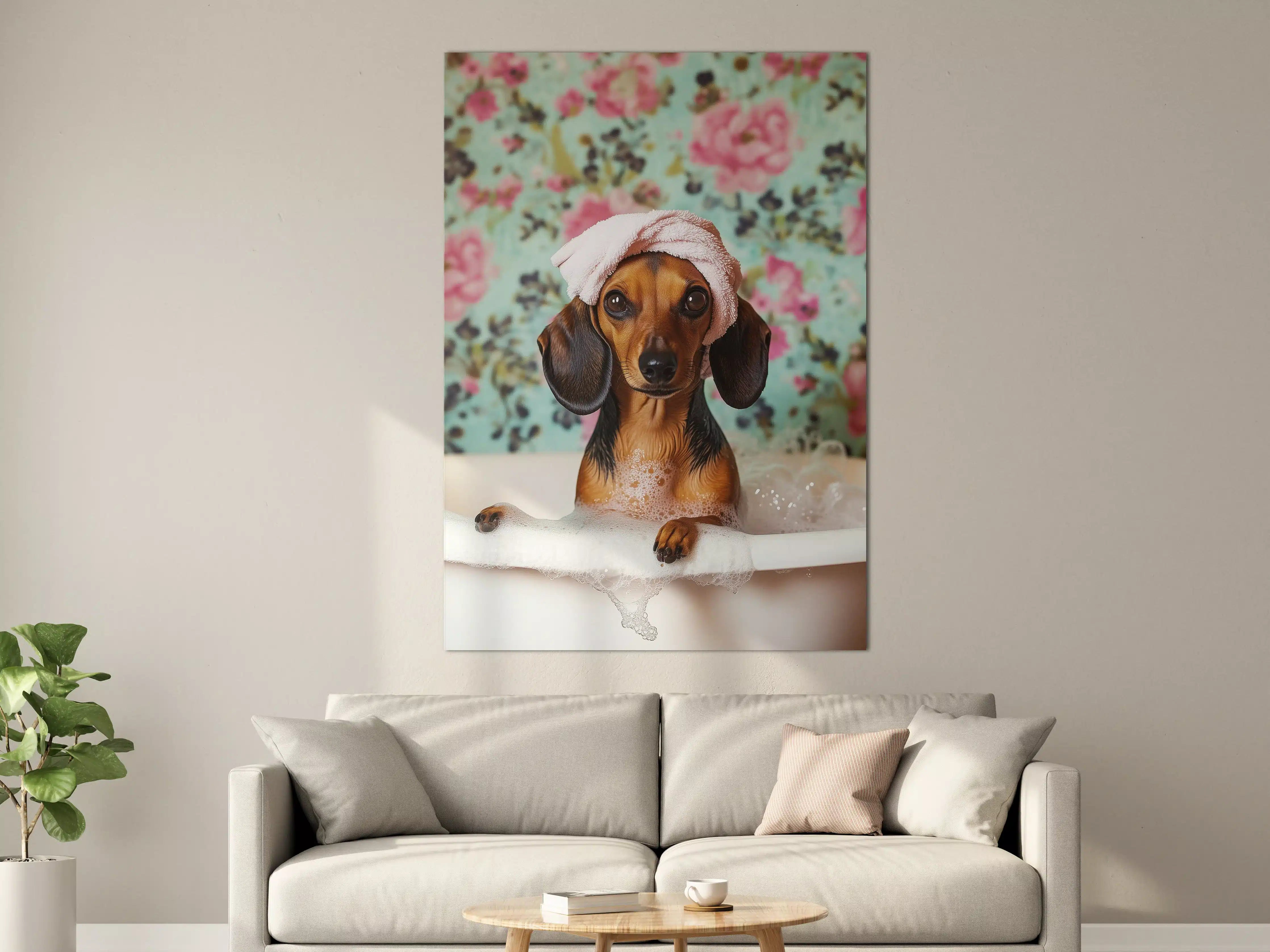 Große Wandbilder - Hunde im Bad mit Blümchenhintergrund