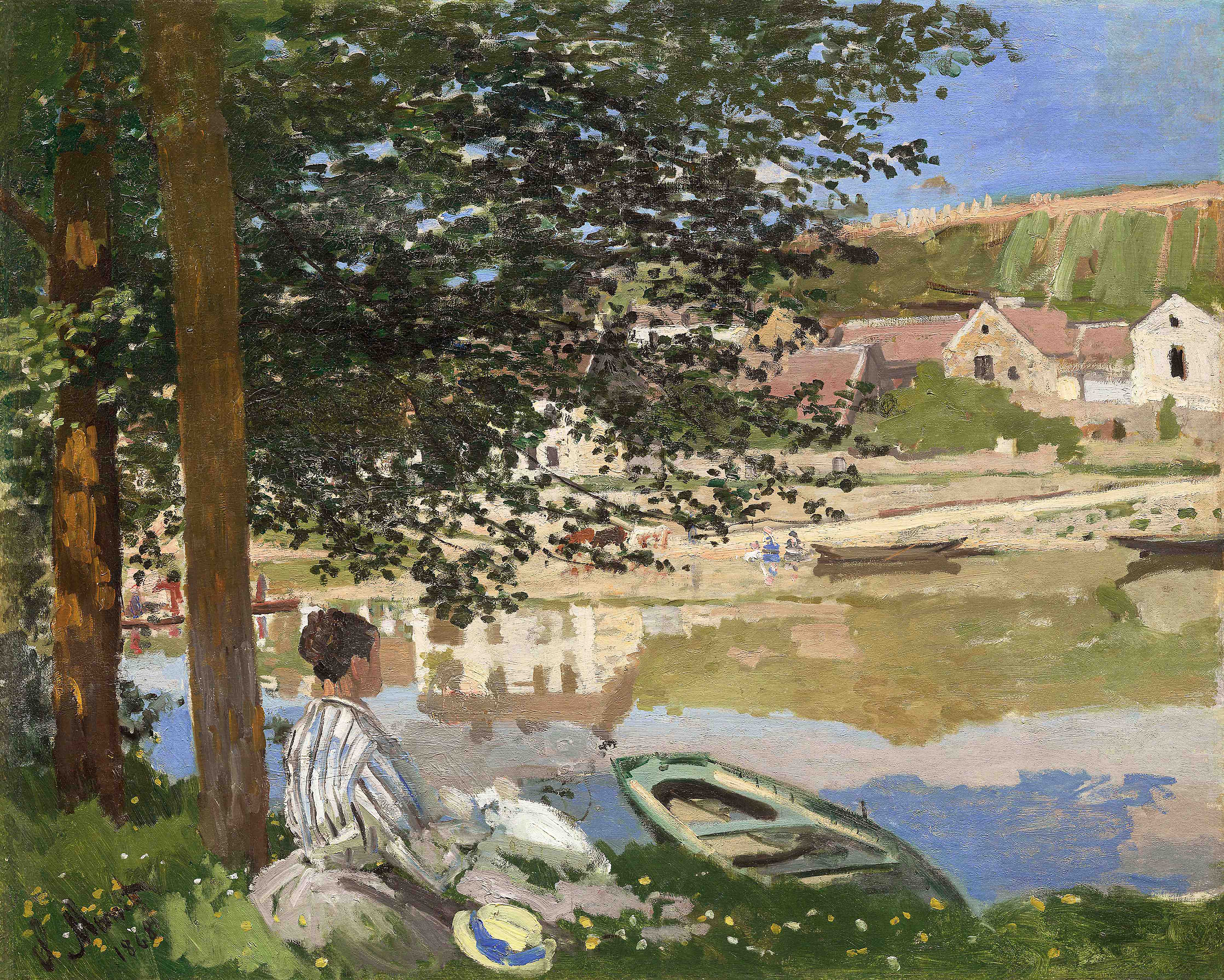Große Wandbilder-Idyllischer Flussblick mit Boot und Frau