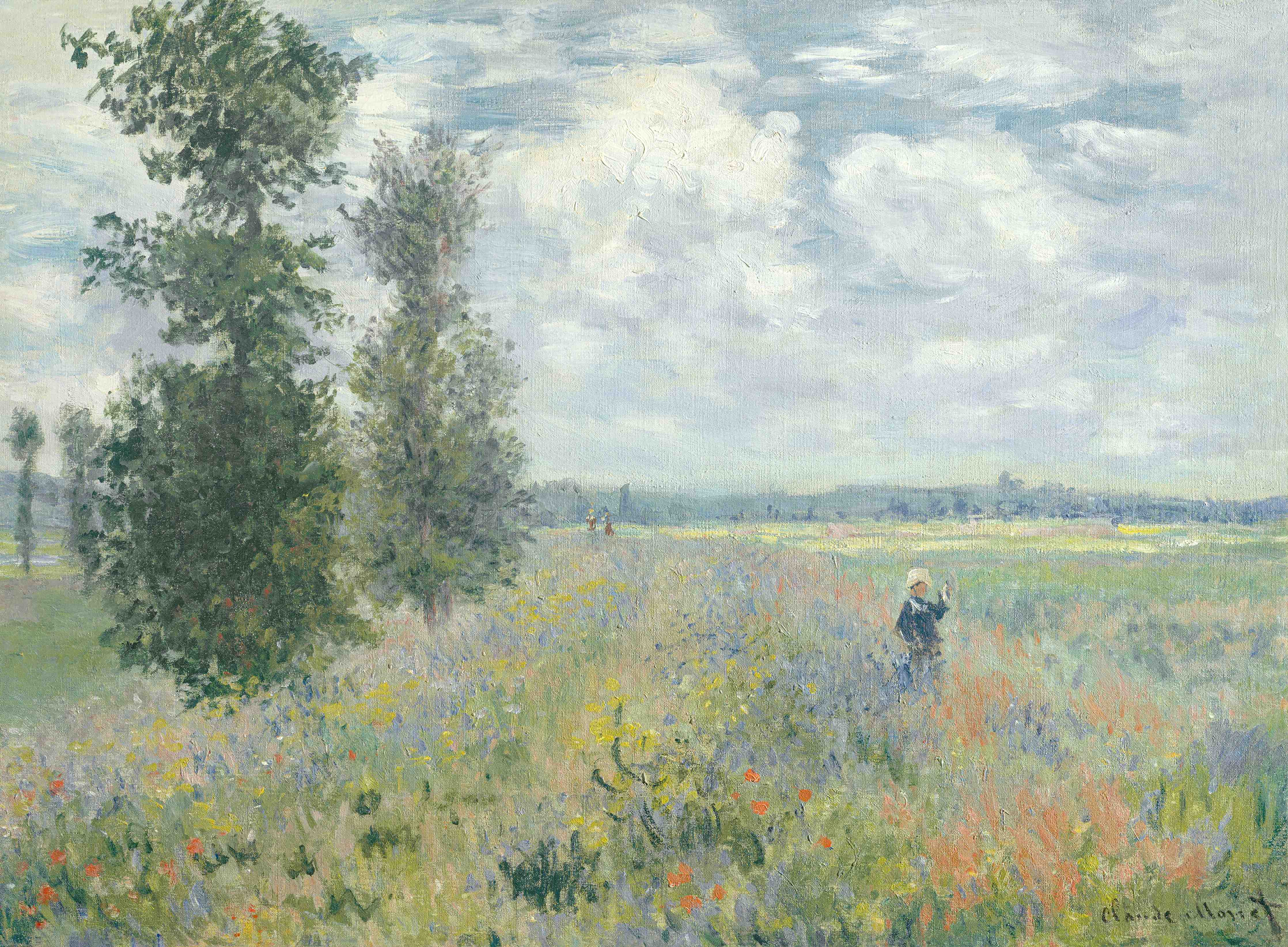 Große Wandbilder-Impressionistische Blumenwiese mit Bauer im Feld