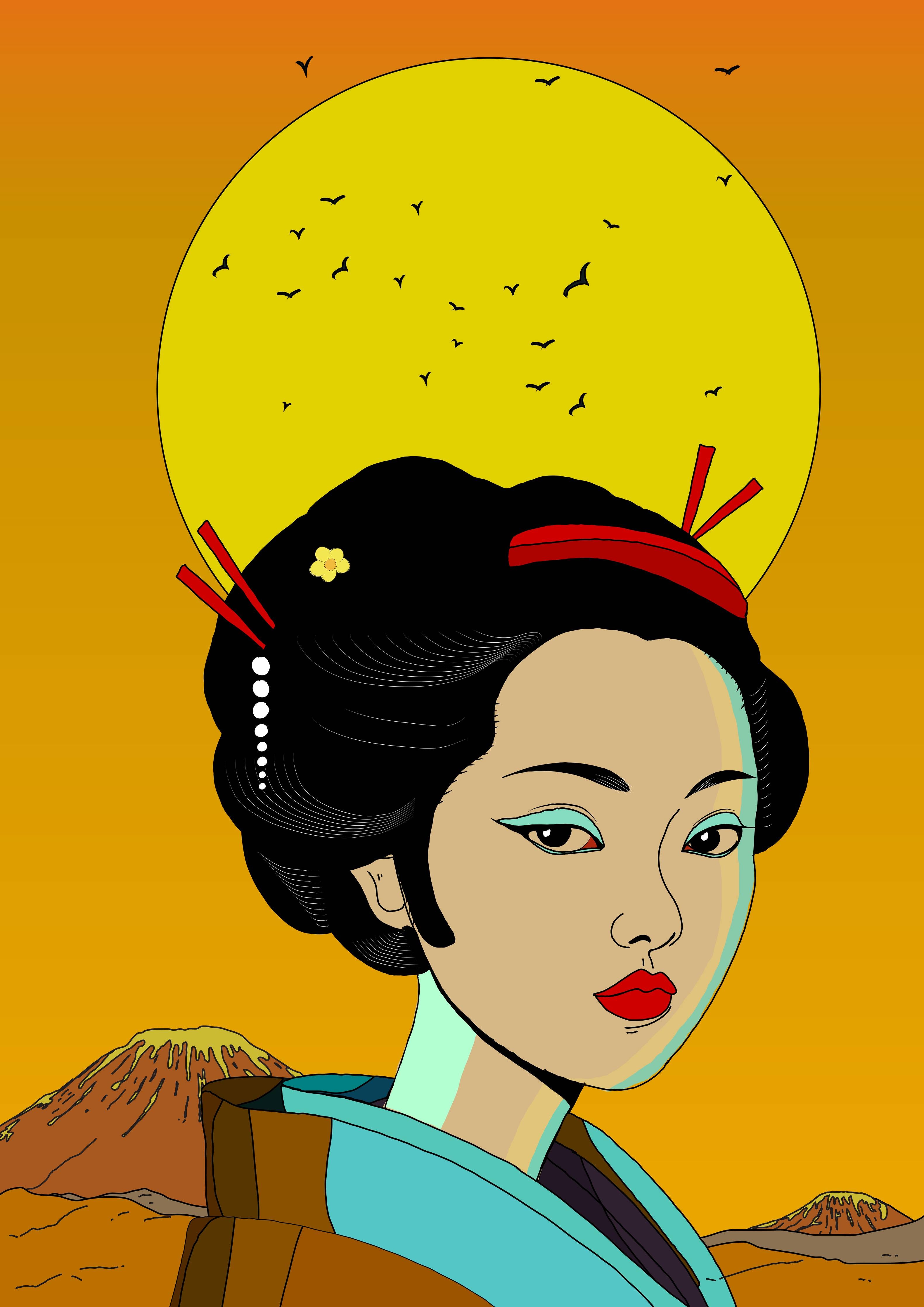 Große Wandbilder-Japanische Geisha mit Mondkatze