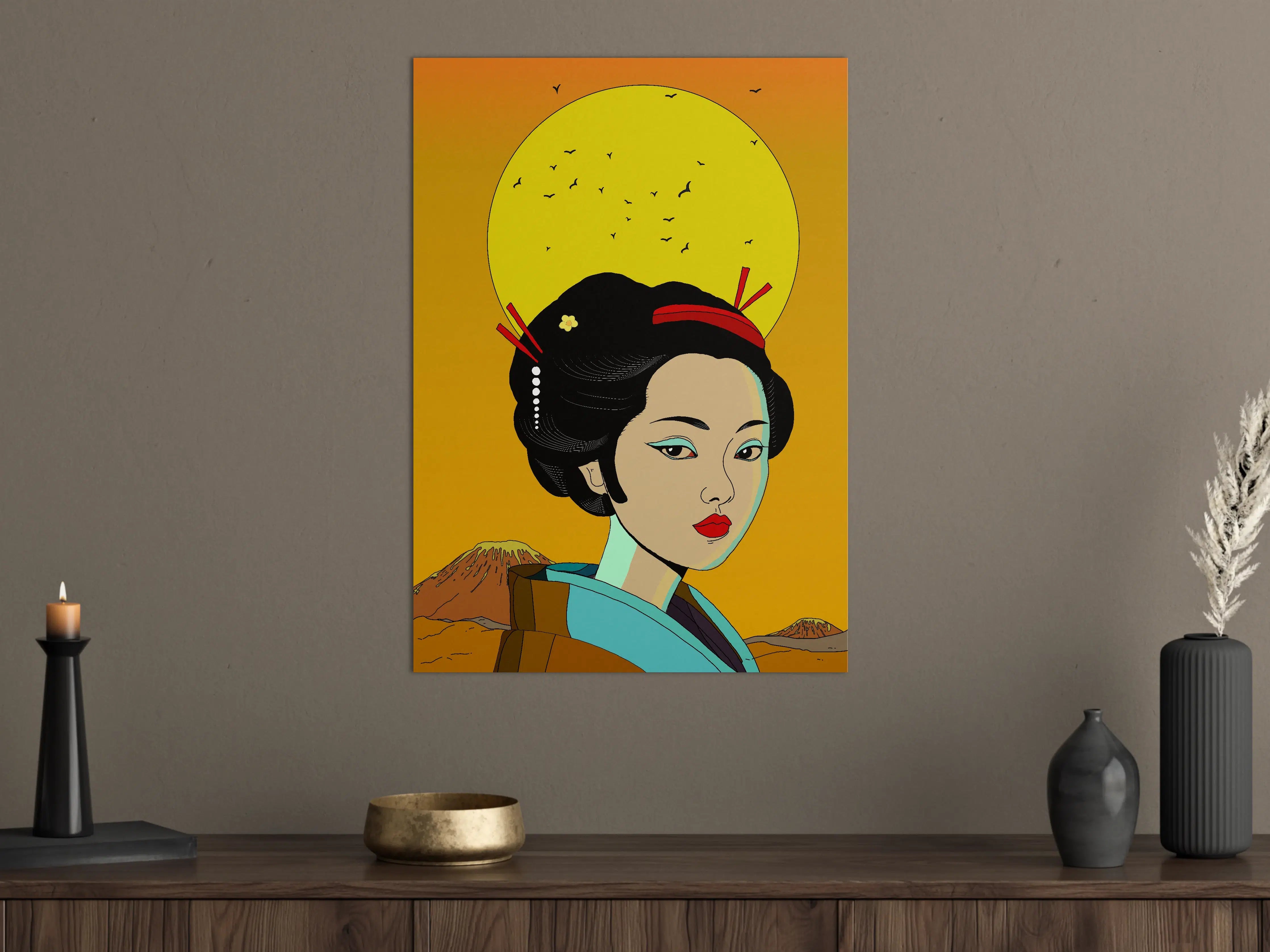 Große Wandbilder - Japanische Geisha mit Mondkatze