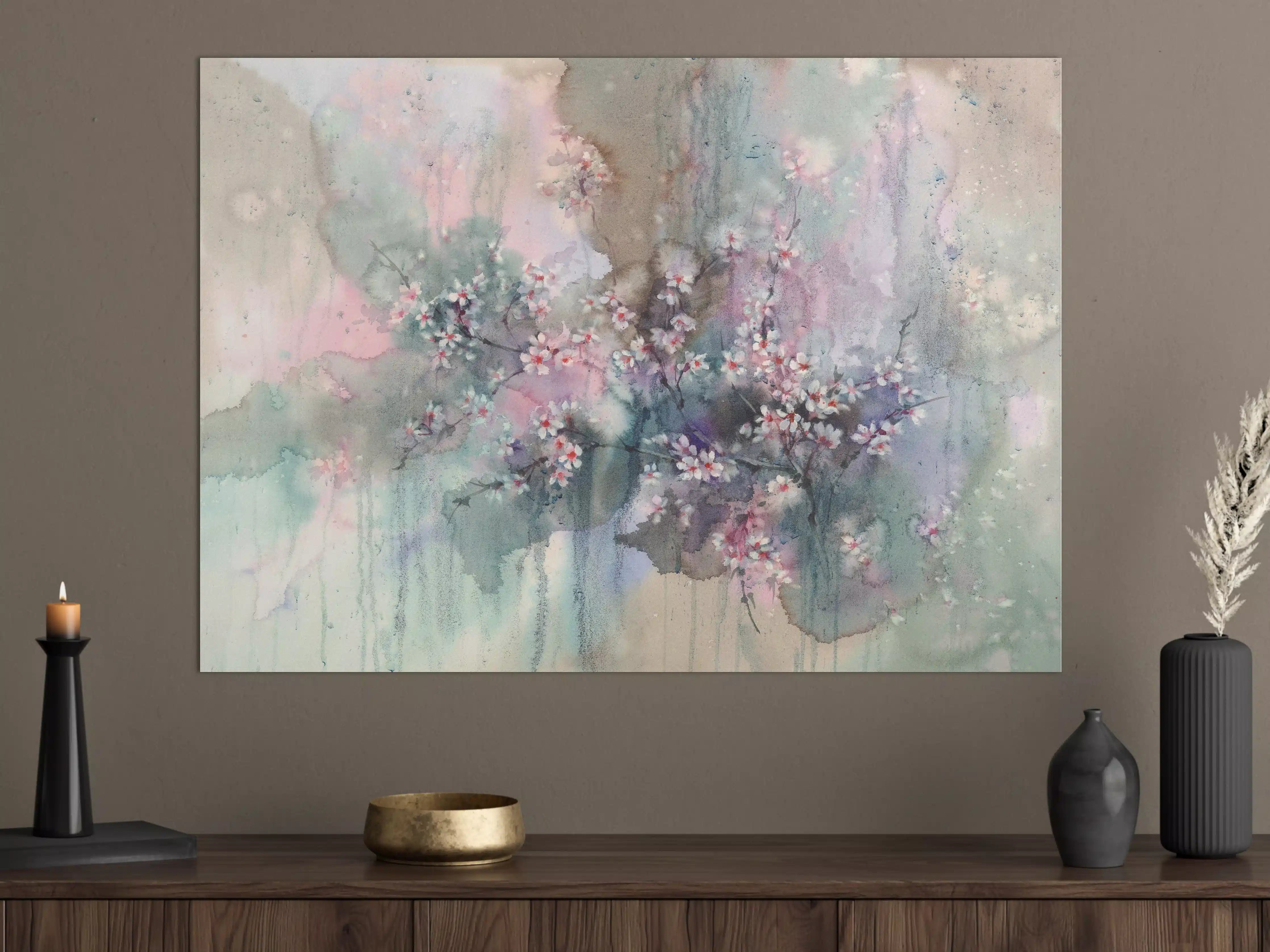 Große Wandbilder - Japanische Kirchblüten mit Aquarell Muster