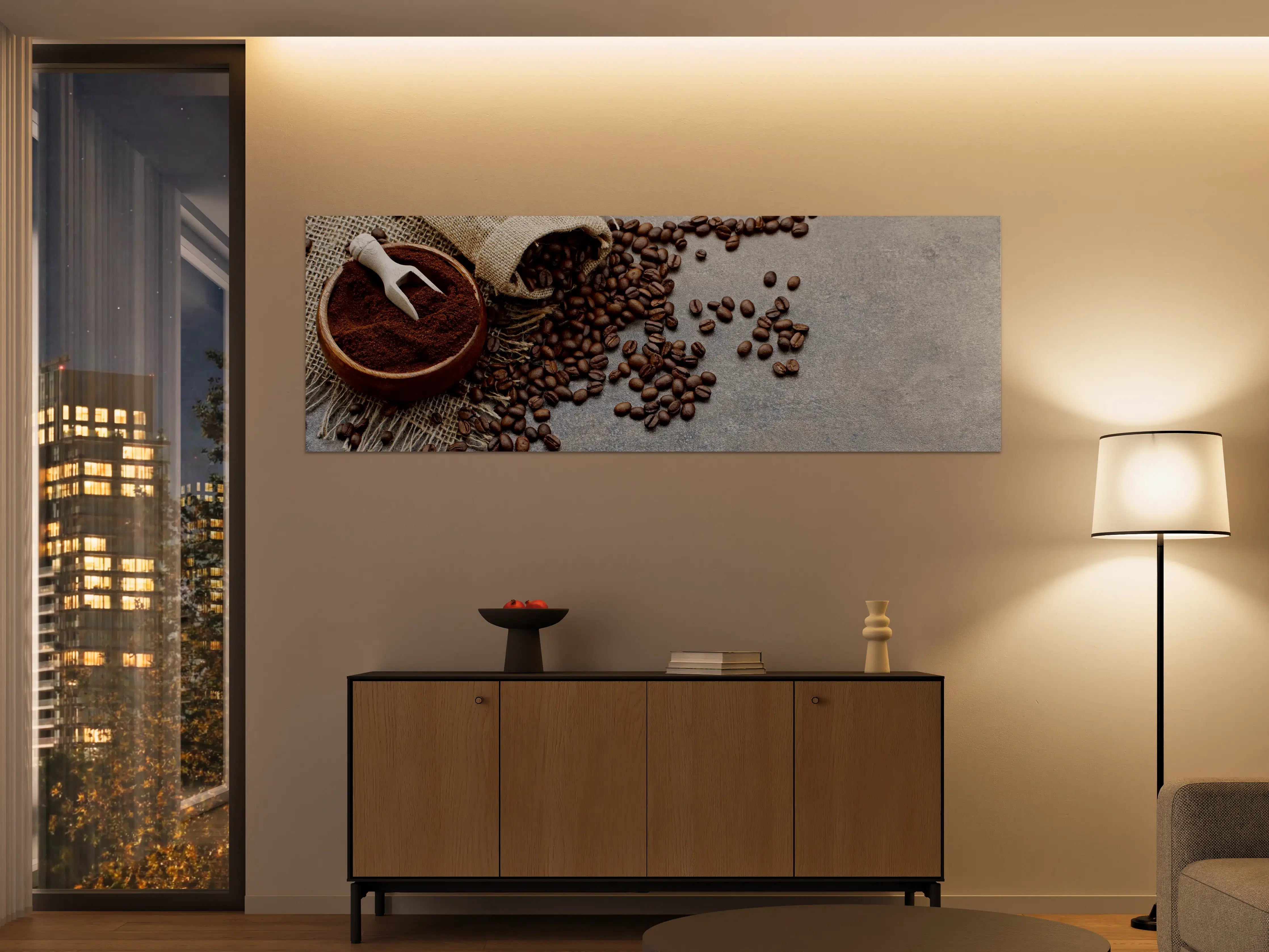 Große Wandbilder - Kaffeebohnen und Kaffeegrund auf grauem Stein