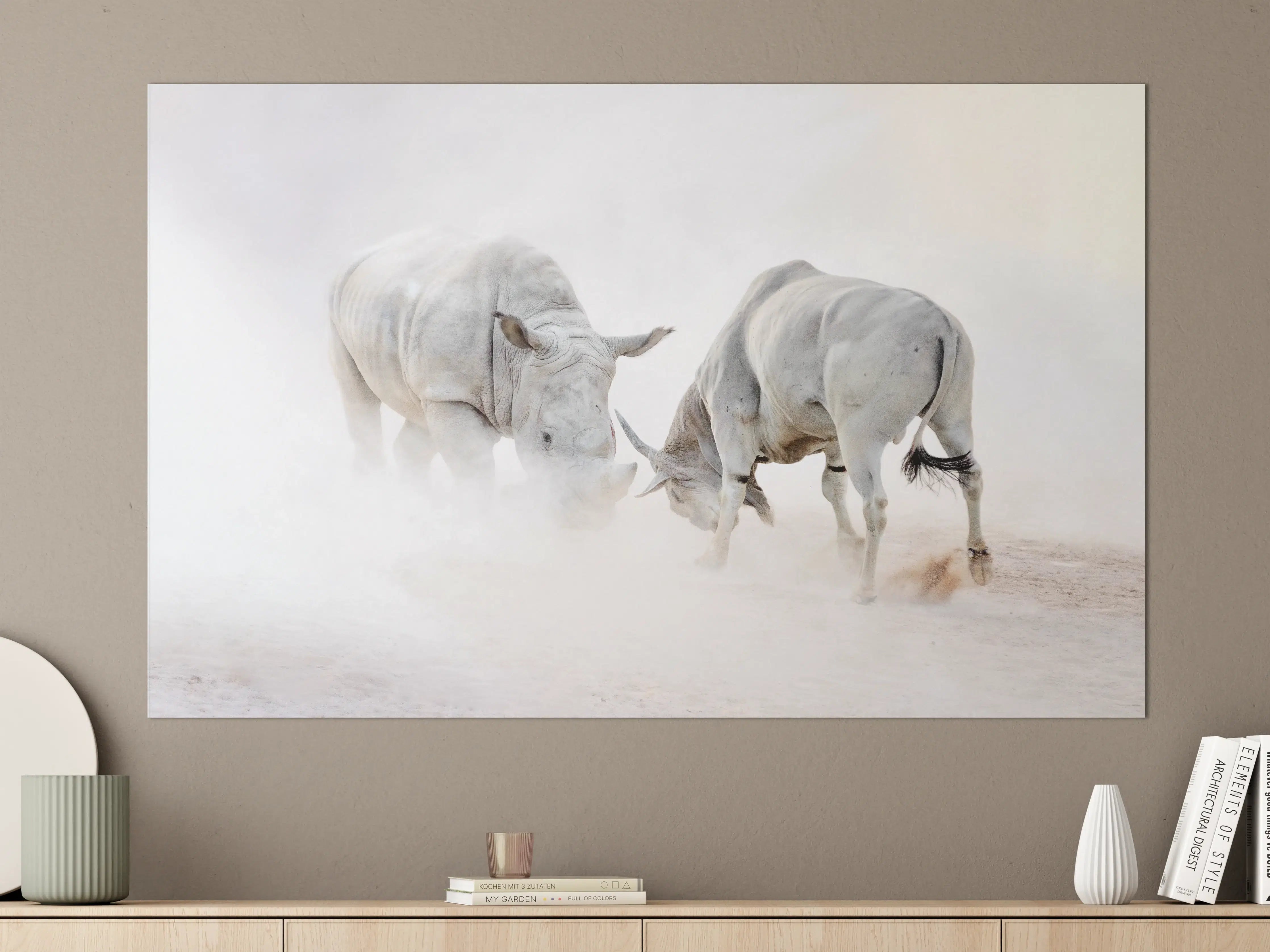 Große Wandbilder - Kampf zwischen Nashorn und Oryx