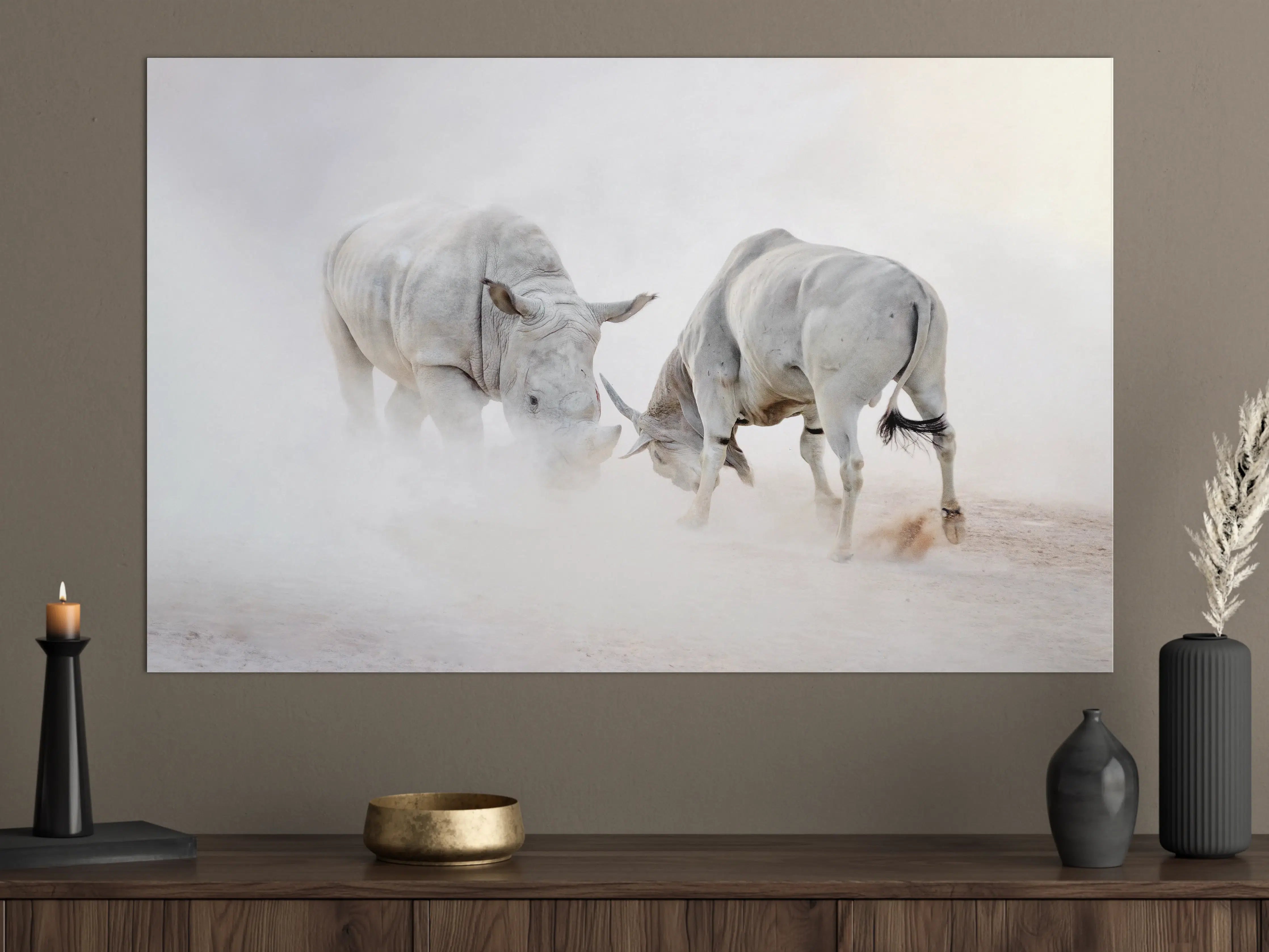 Große Wandbilder - Kampf zwischen Nashorn und Oryx