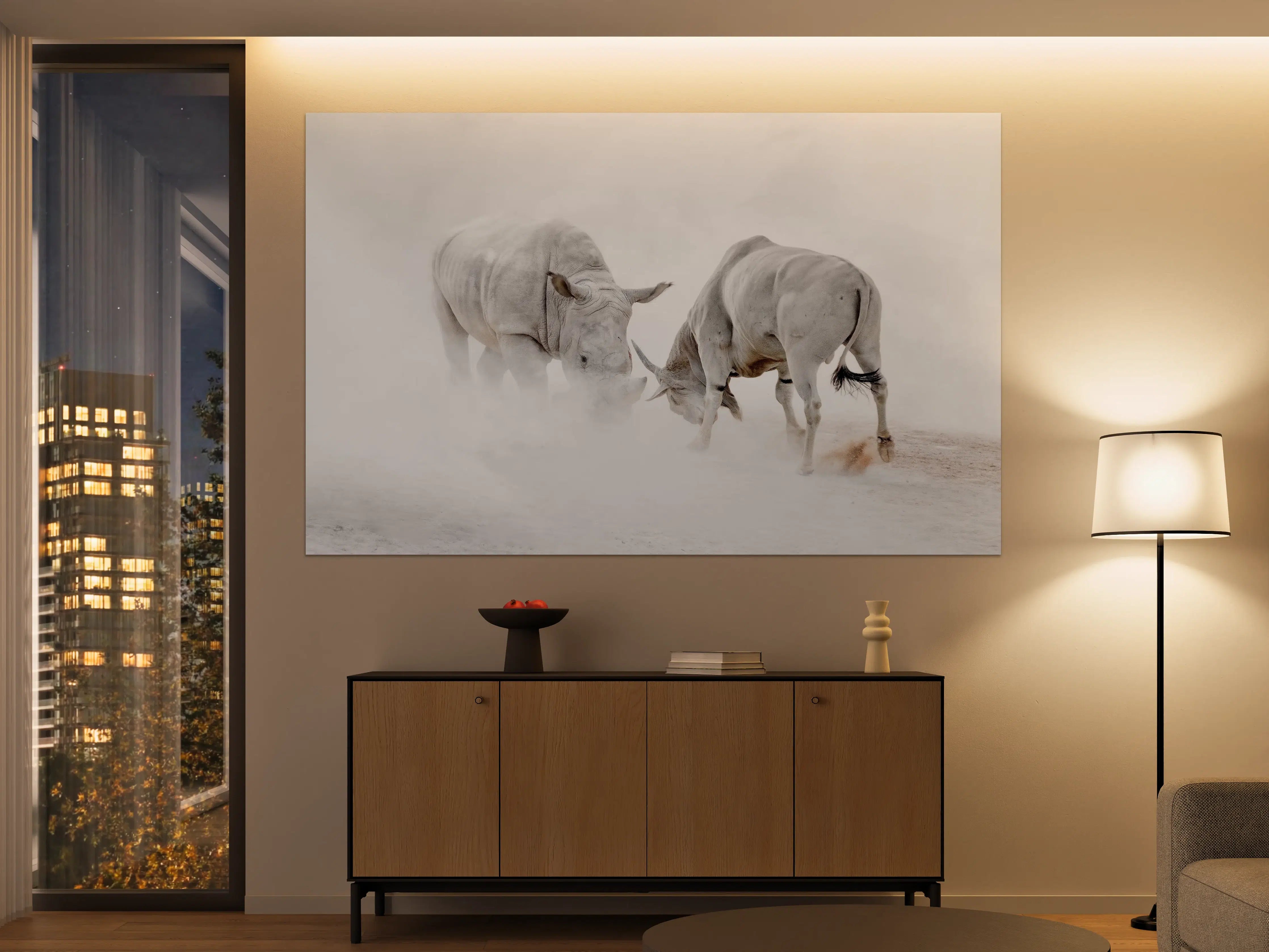 Große Wandbilder - Kampf zwischen Nashorn und Oryx