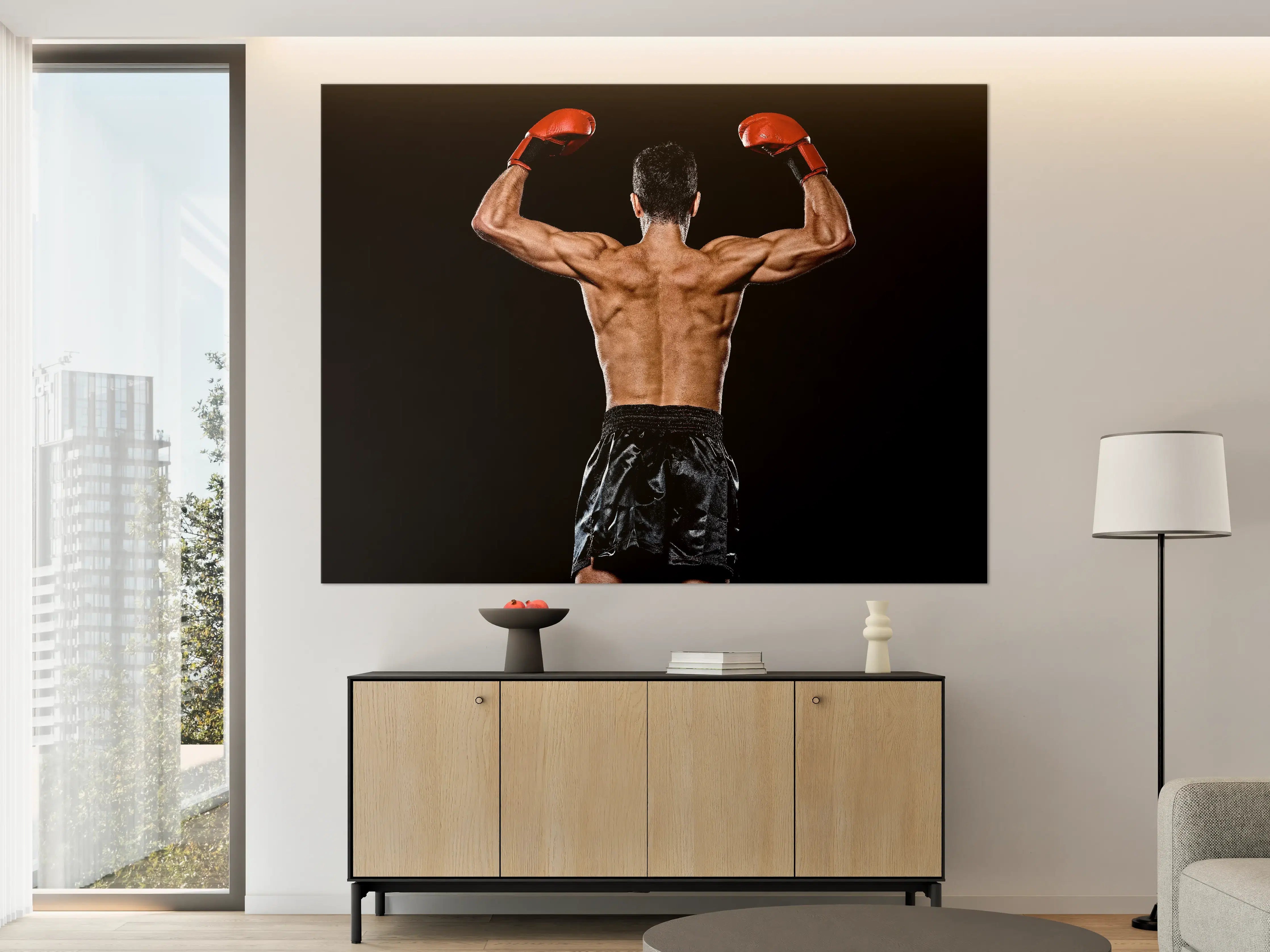 Große Wandbilder - Kaukasischer Boxer auf schwarzem Hintergrund
