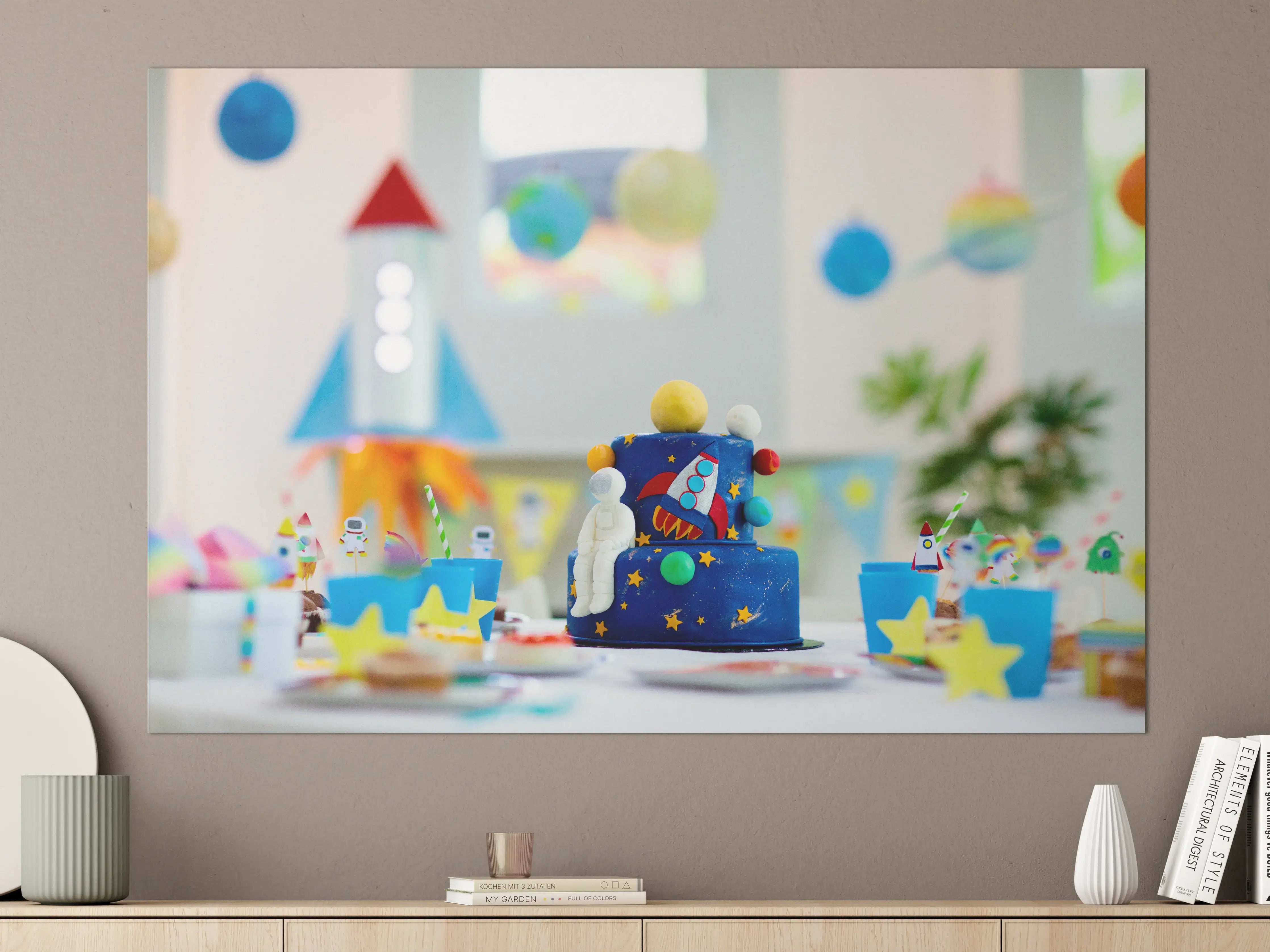 Große Wandbilder - Kindergeburtstagsfeier zum Thema Weltraum mit Kuchen.