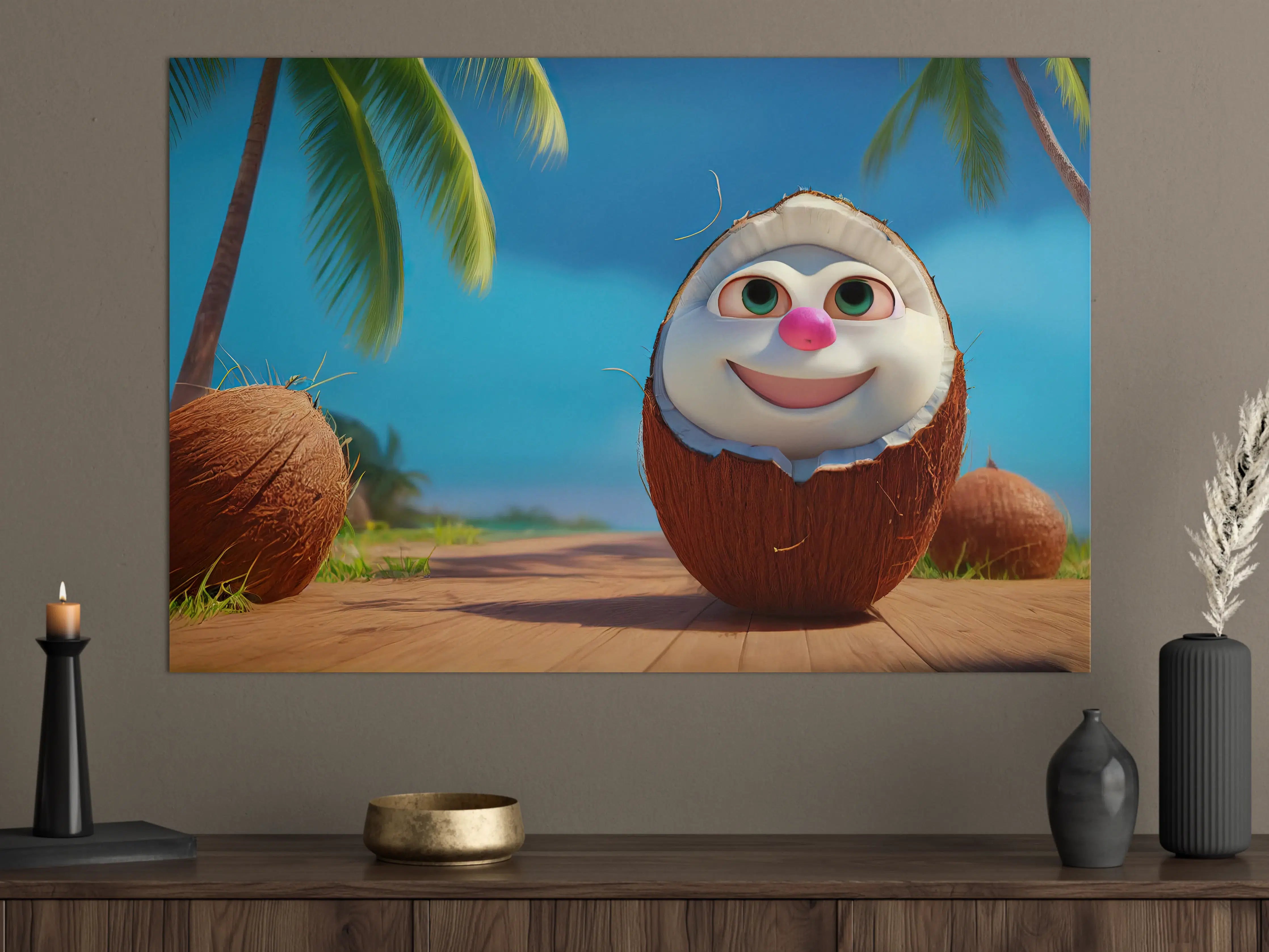 Große Wandbilder - Kindermotiv - 3D Kokosnuss Charakter unter Palmen