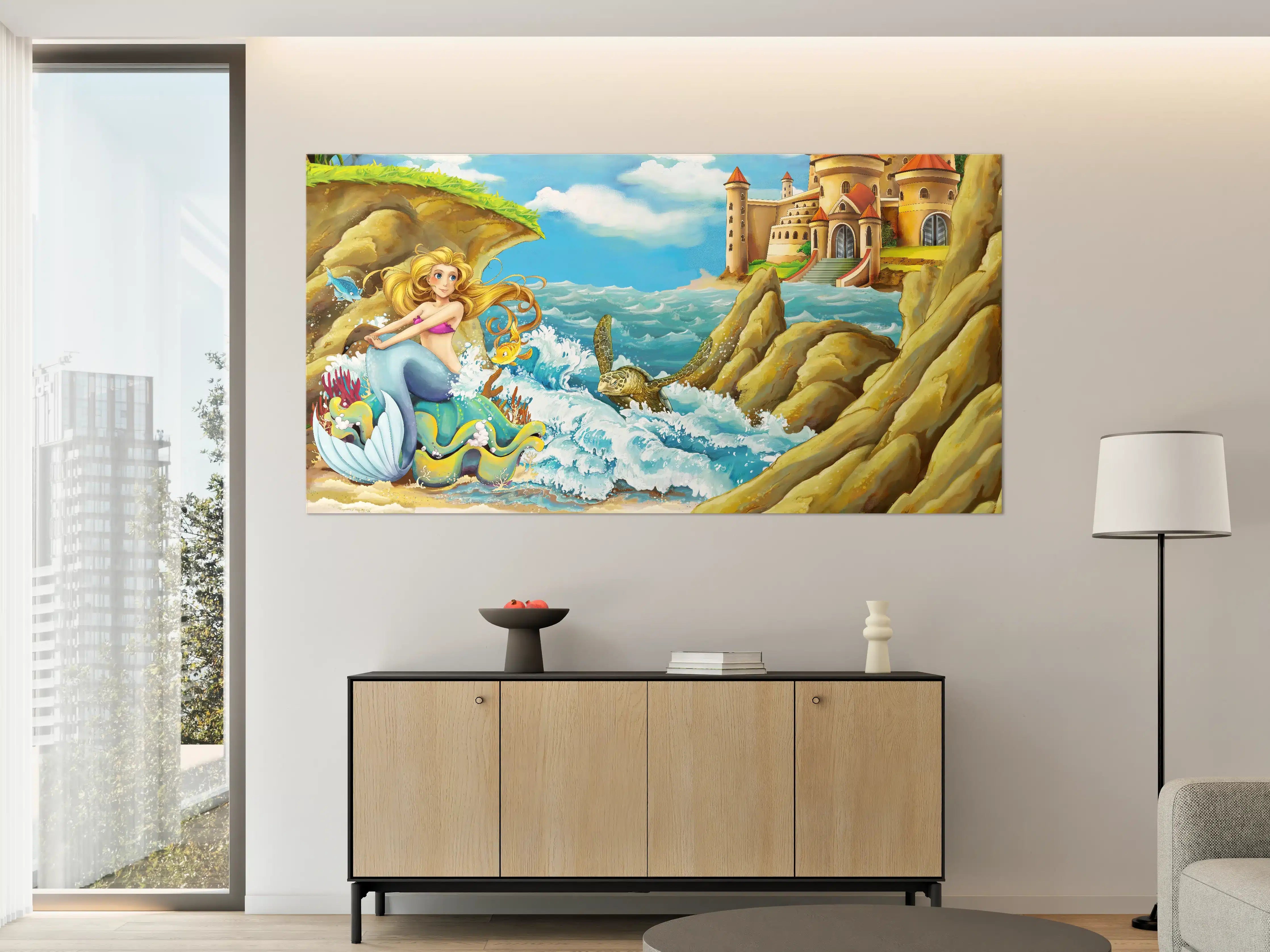 Große Wandbilder - Kindermotiv - Meerjungfrau mit Aussicht auf Schloss