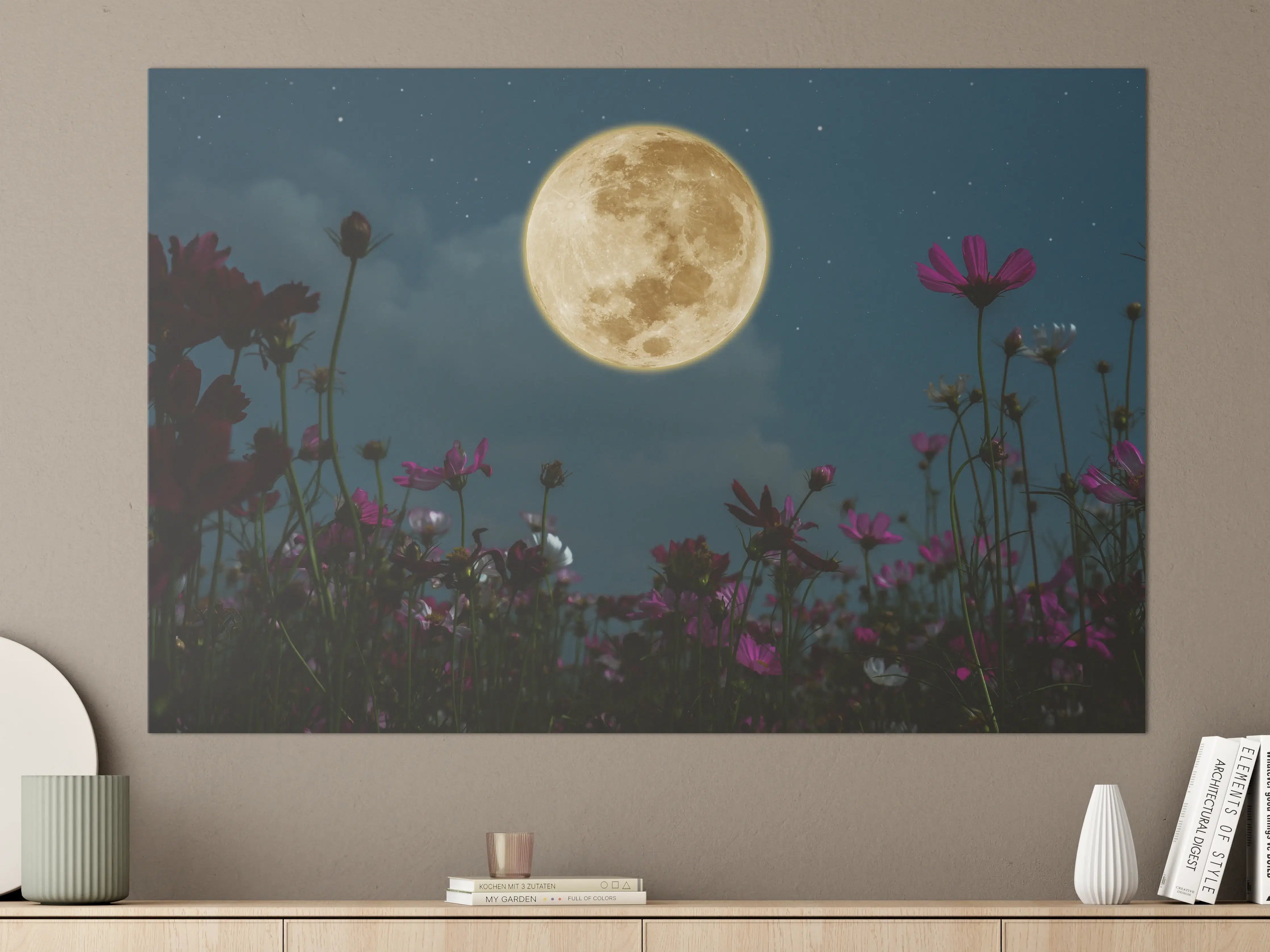 Große Wandbilder - Kosmosblüten bei Vollmond