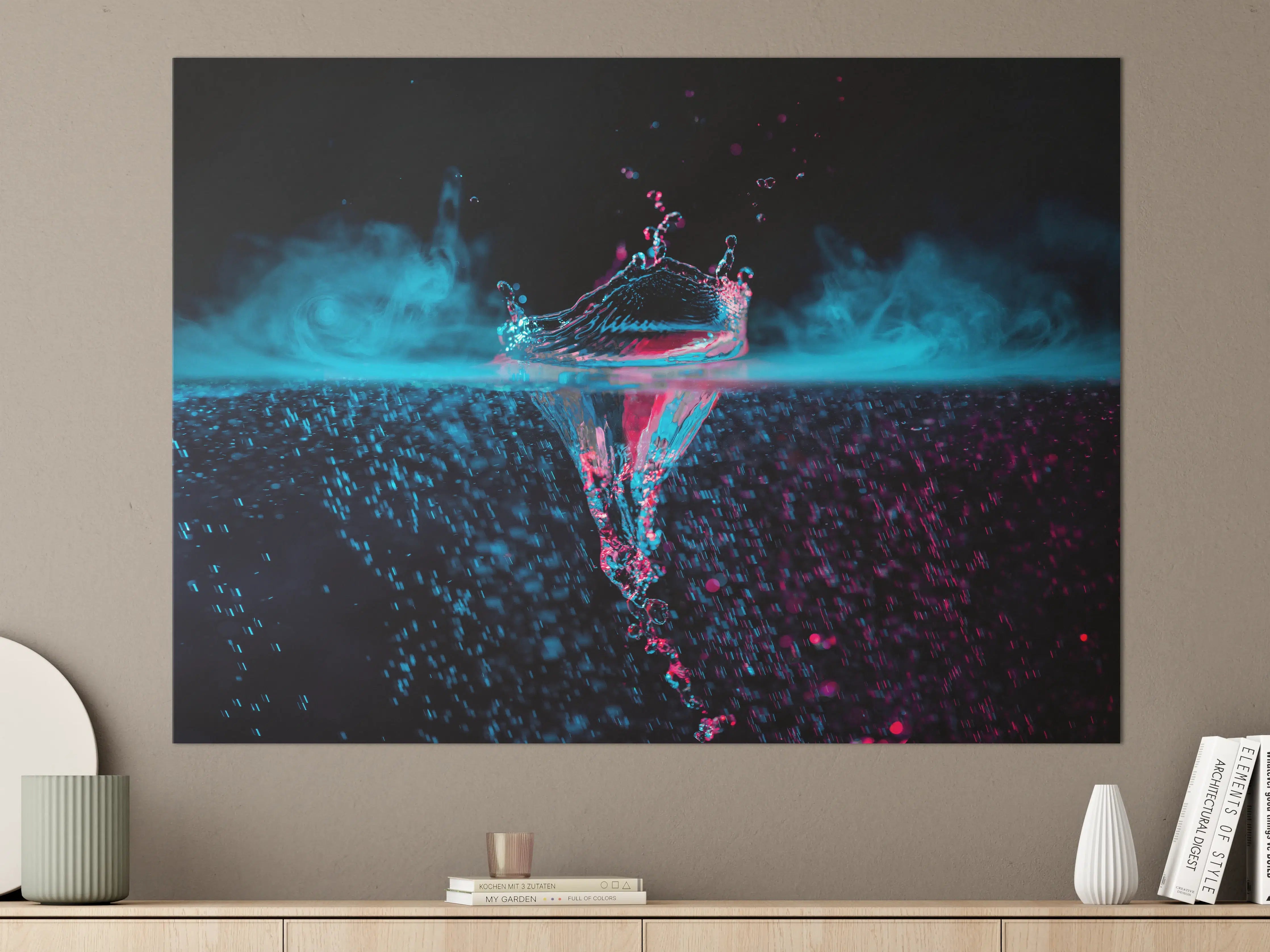 Große Wandbilder - Krone Wasserspritzer mit blauem Rauch über Wasser