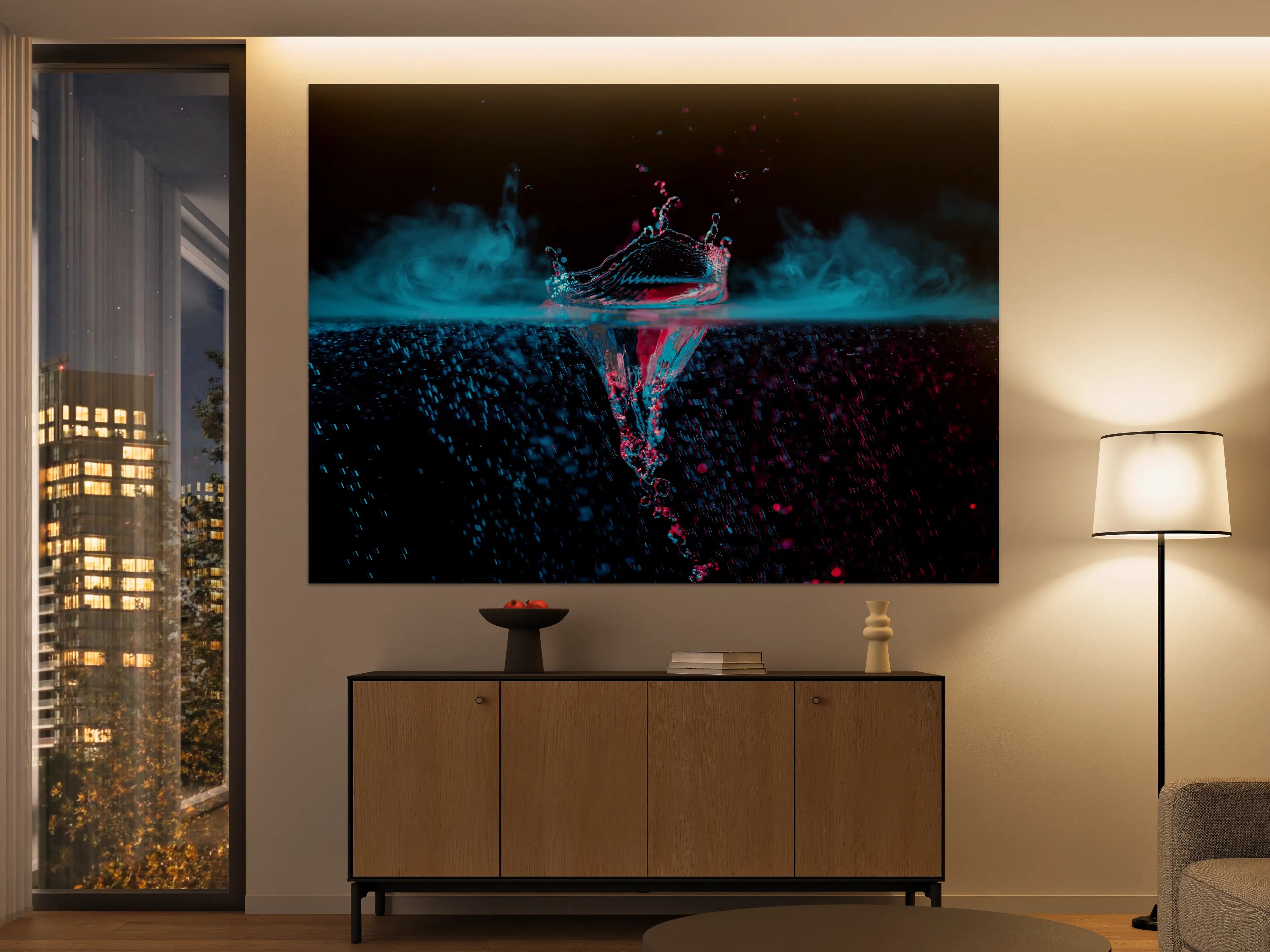 Große Wandbilder - Krone Wasserspritzer mit blauem Rauch über Wasser