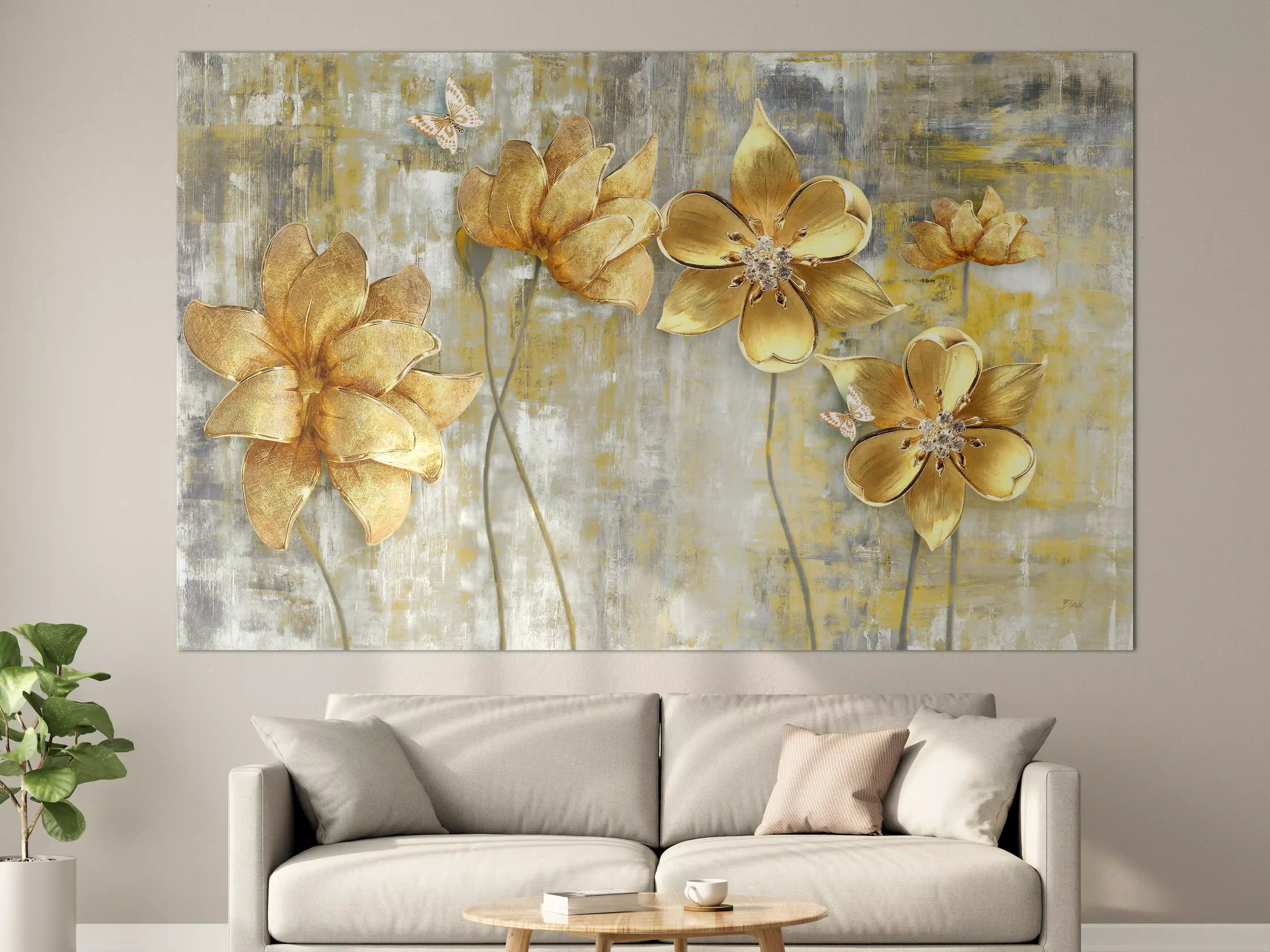 Große Wandbilder - Künstlerische Blattgold-Blumen