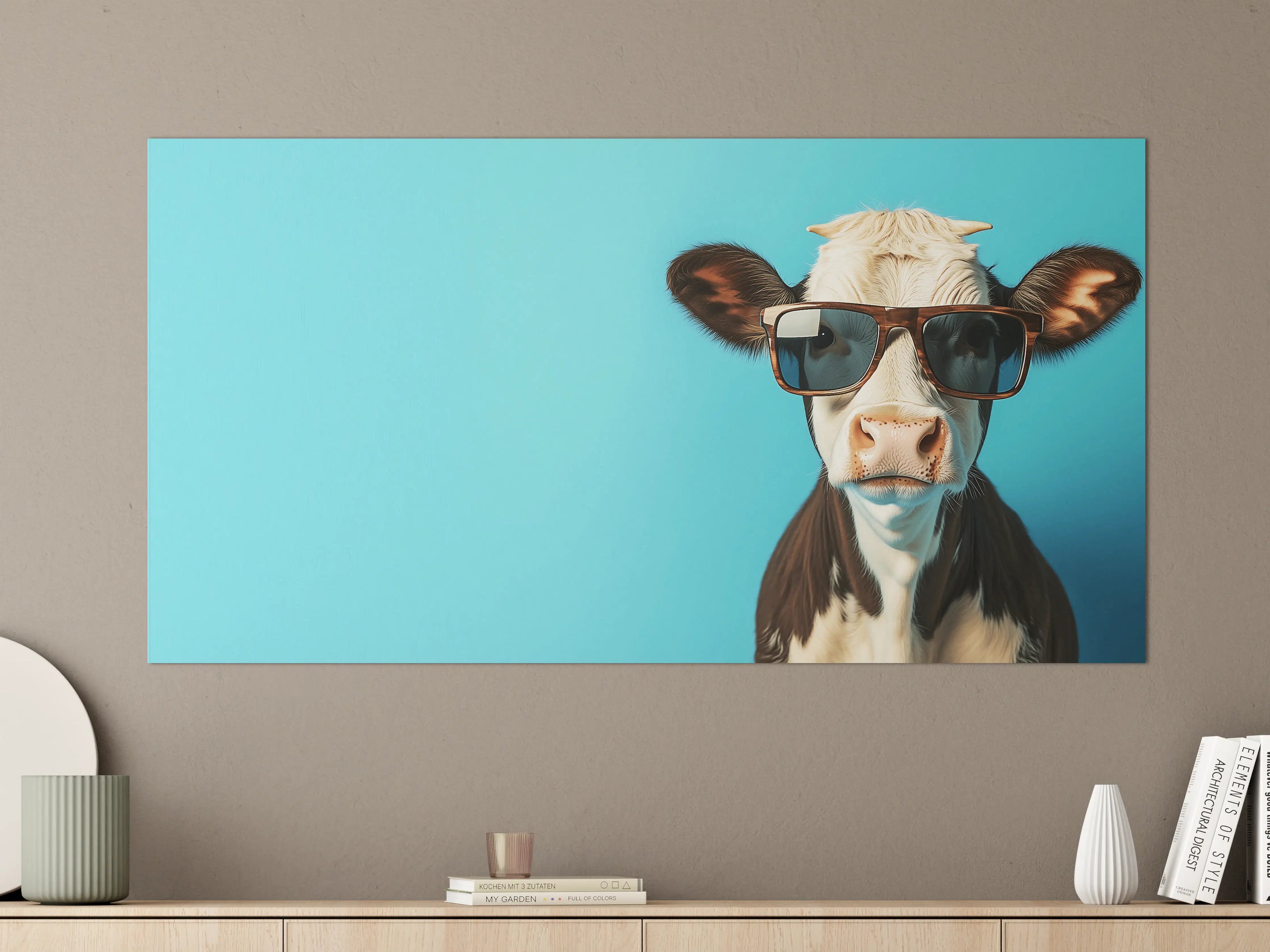 Große Wandbilder - Kuh mit Sonnenbrille, Türkis