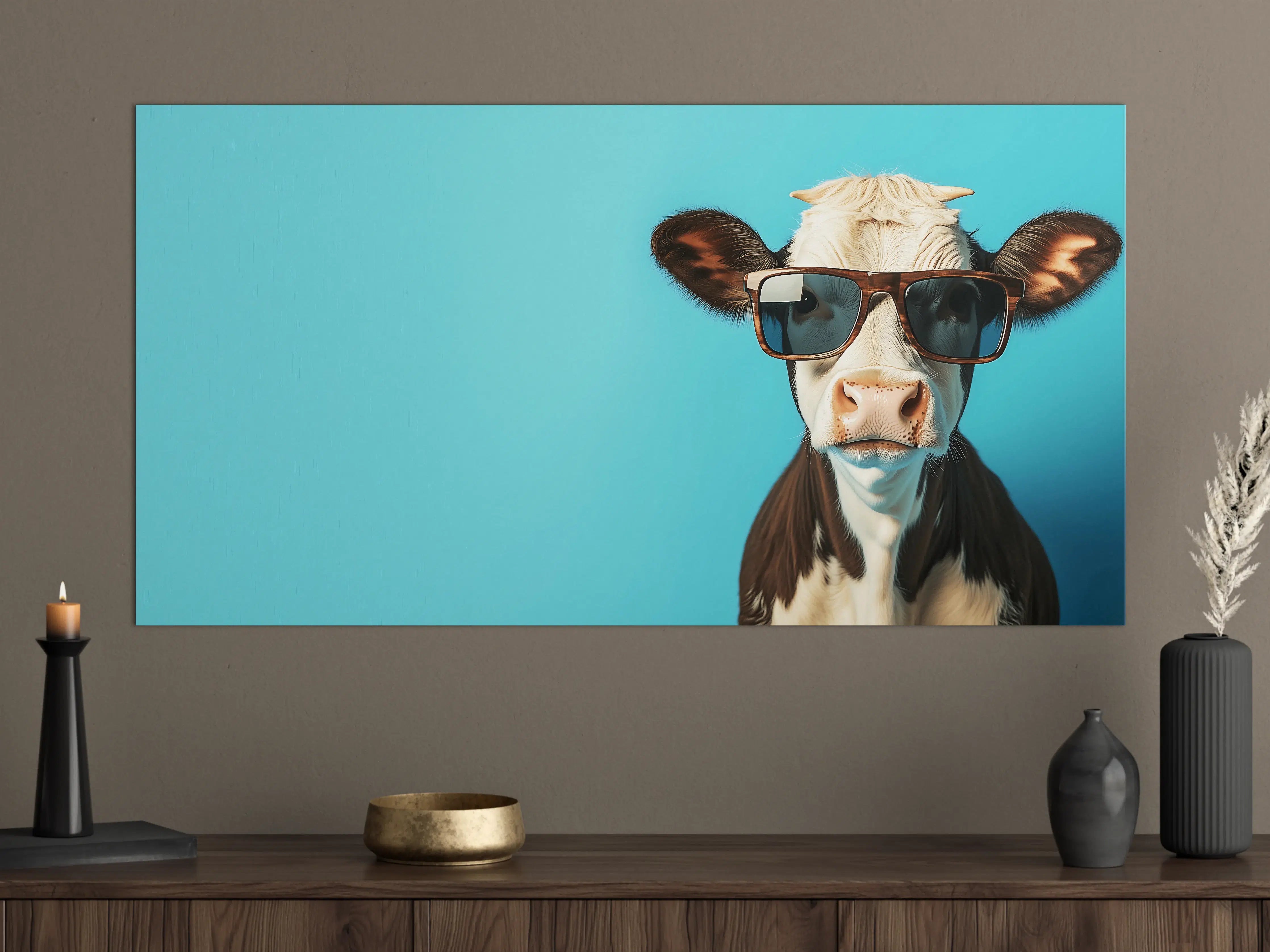 Große Wandbilder - Kuh mit Sonnenbrille, Türkis