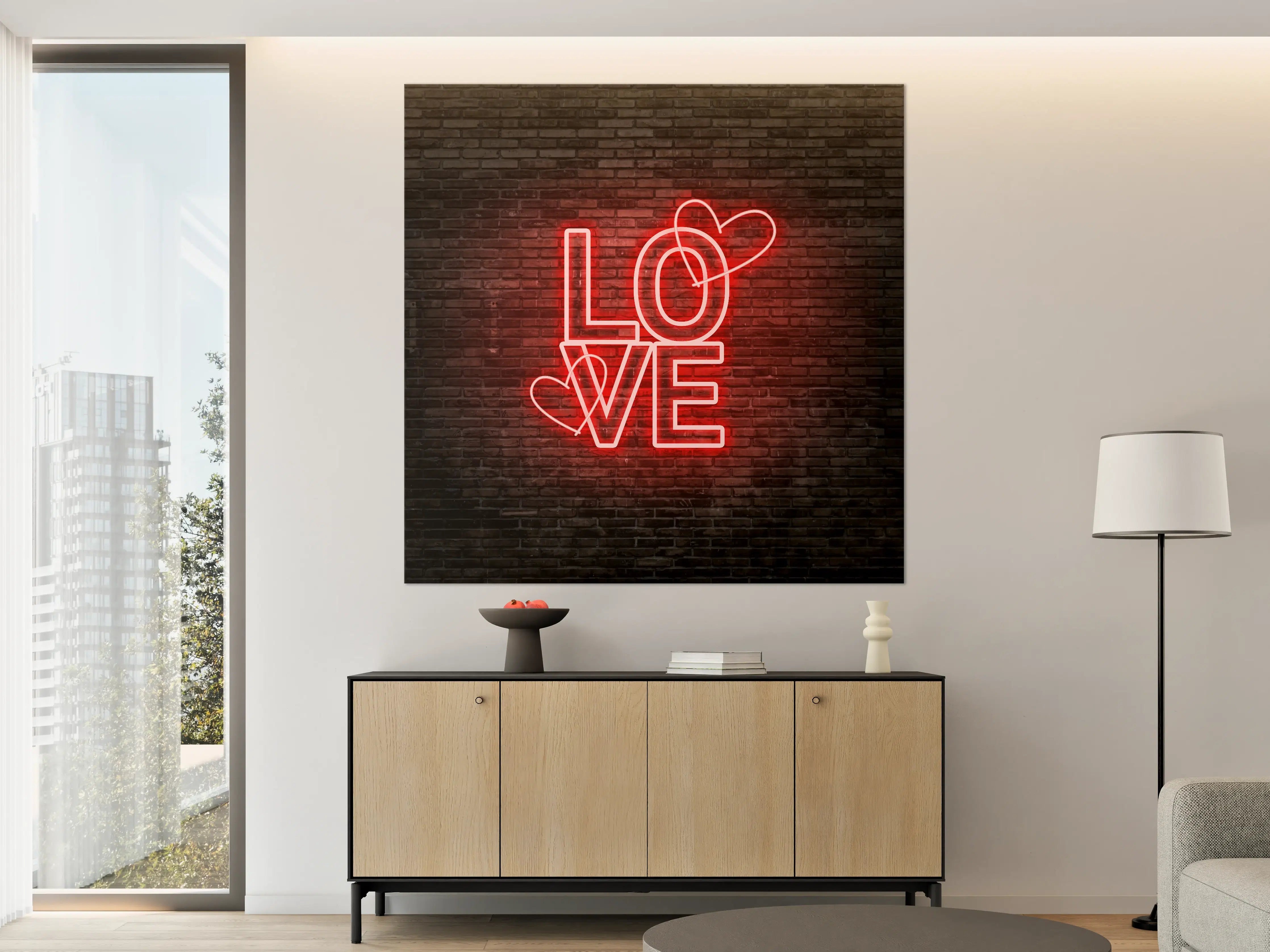 Große Wandbilder - LED Love Symbol an Steinmauer