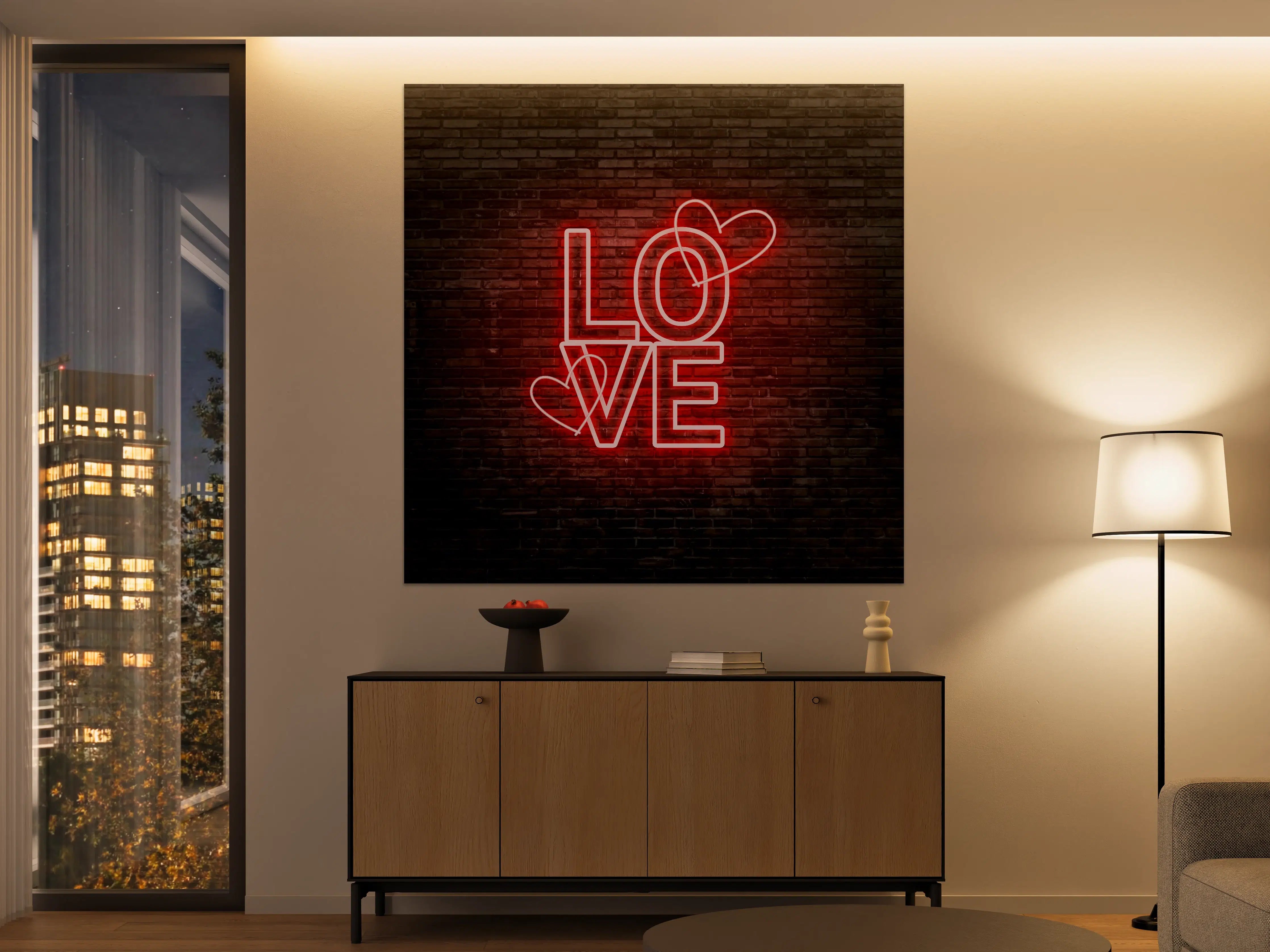 Große Wandbilder - LED Love Symbol an Steinmauer
