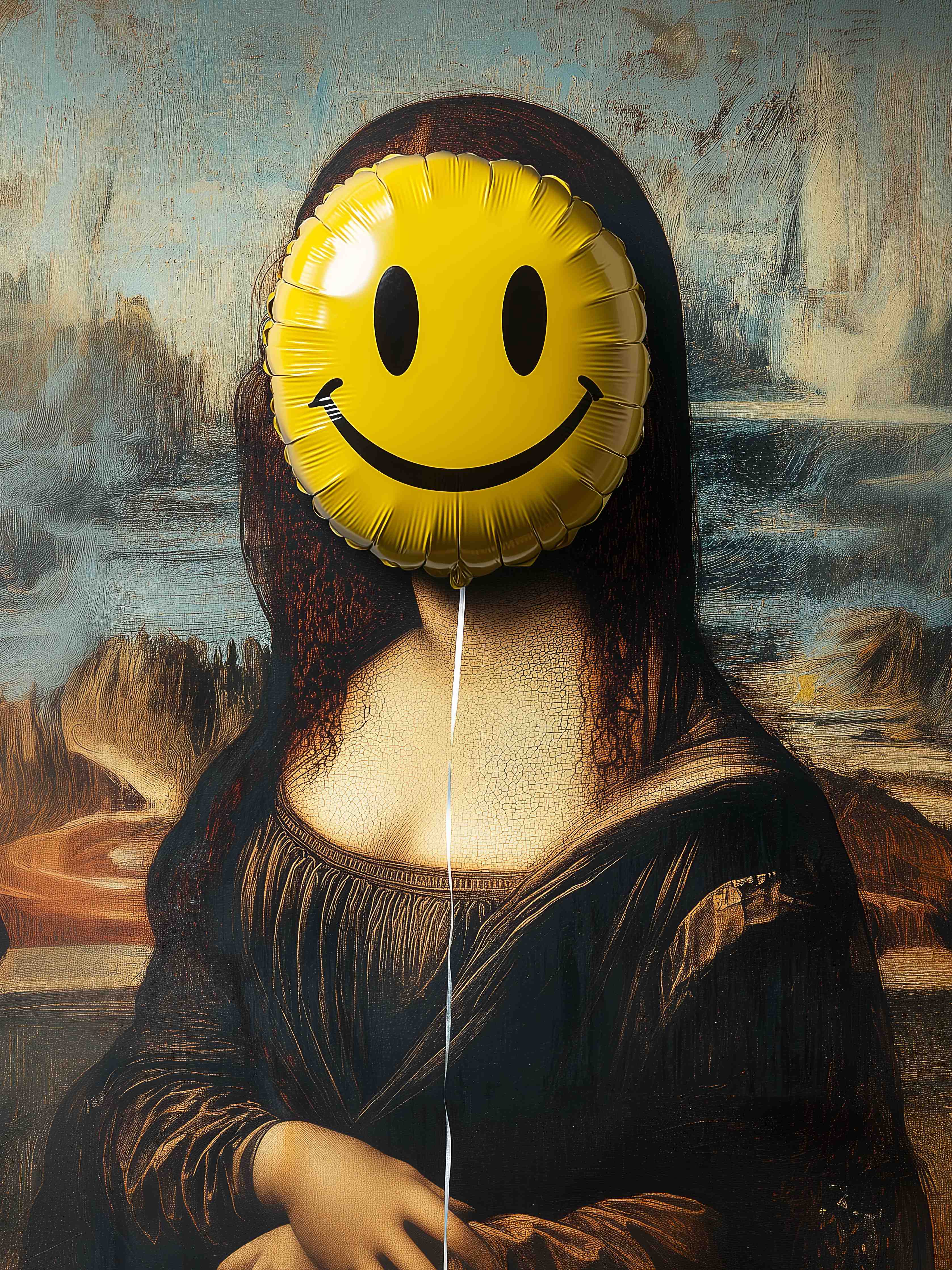 Große Wandbilder-Lächelnder Smiley-Ballon vor Mona Lisa