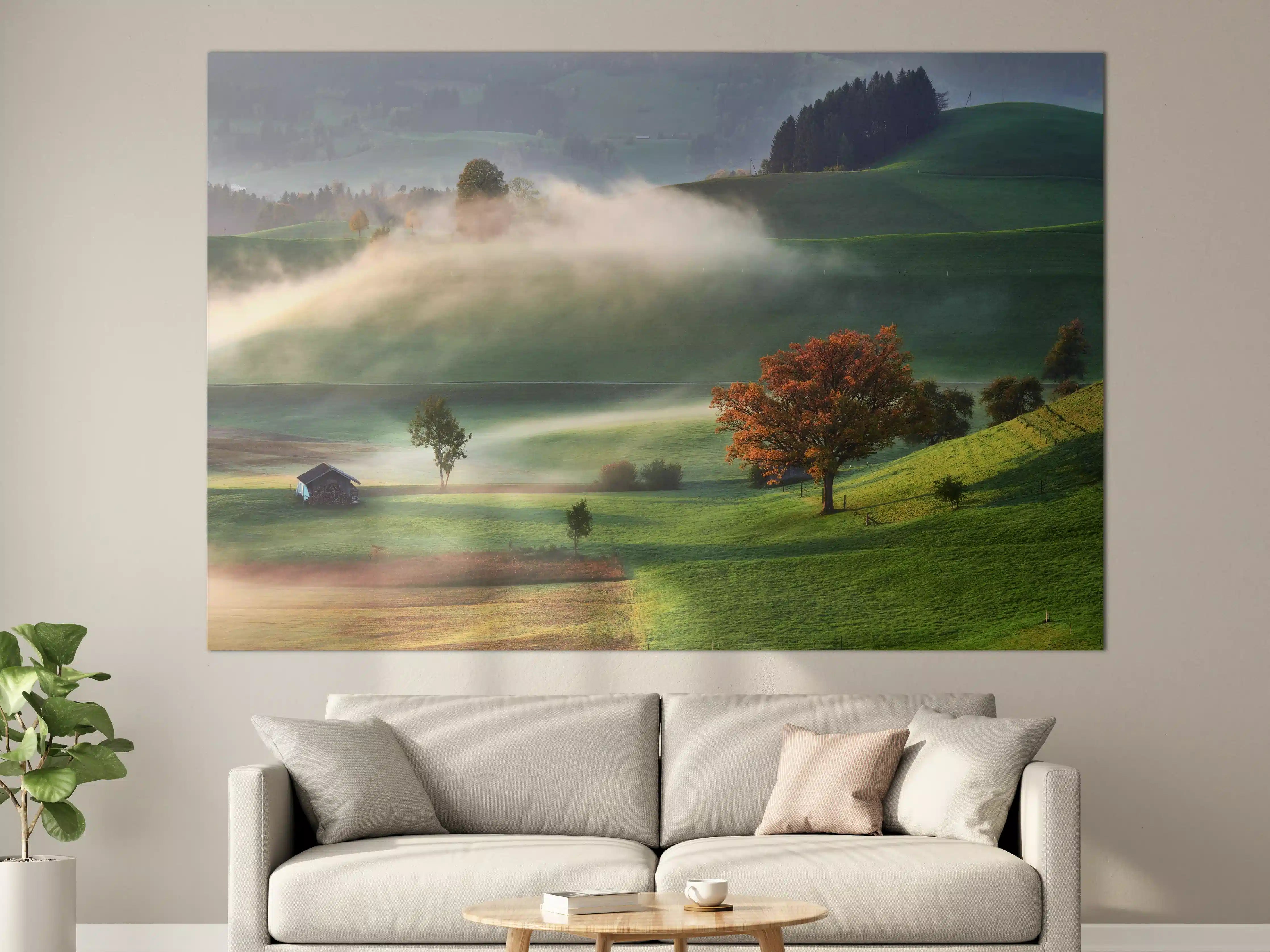 Große Wandbilder - Landschaft mit buntem Baum und Morgennebel